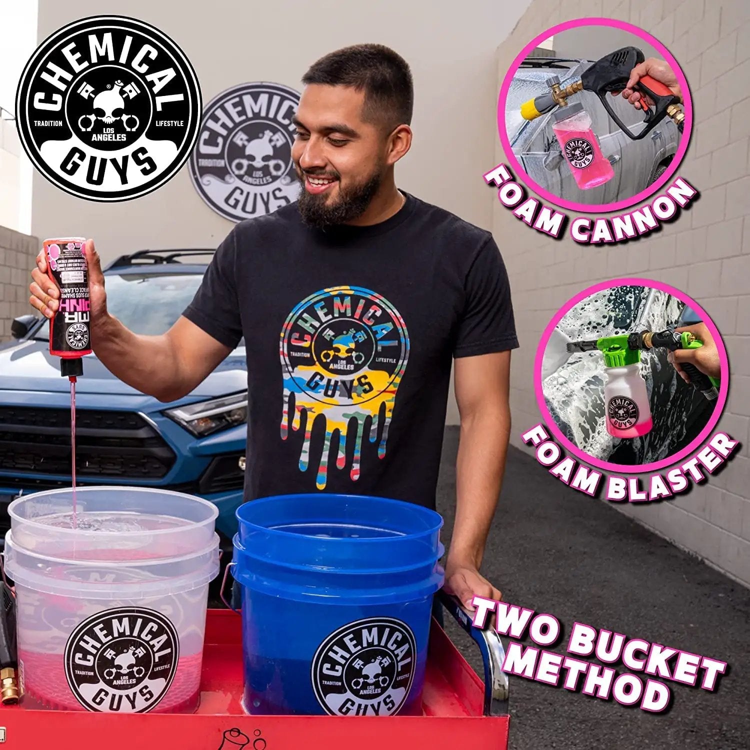 Man using Mr Pink Foaming Car Wash Soap For Foam Cannons And Buckets Candy Scent Safe For Cars Trucks Motorcycles RVs And More 473 Ml Chemical Guys.