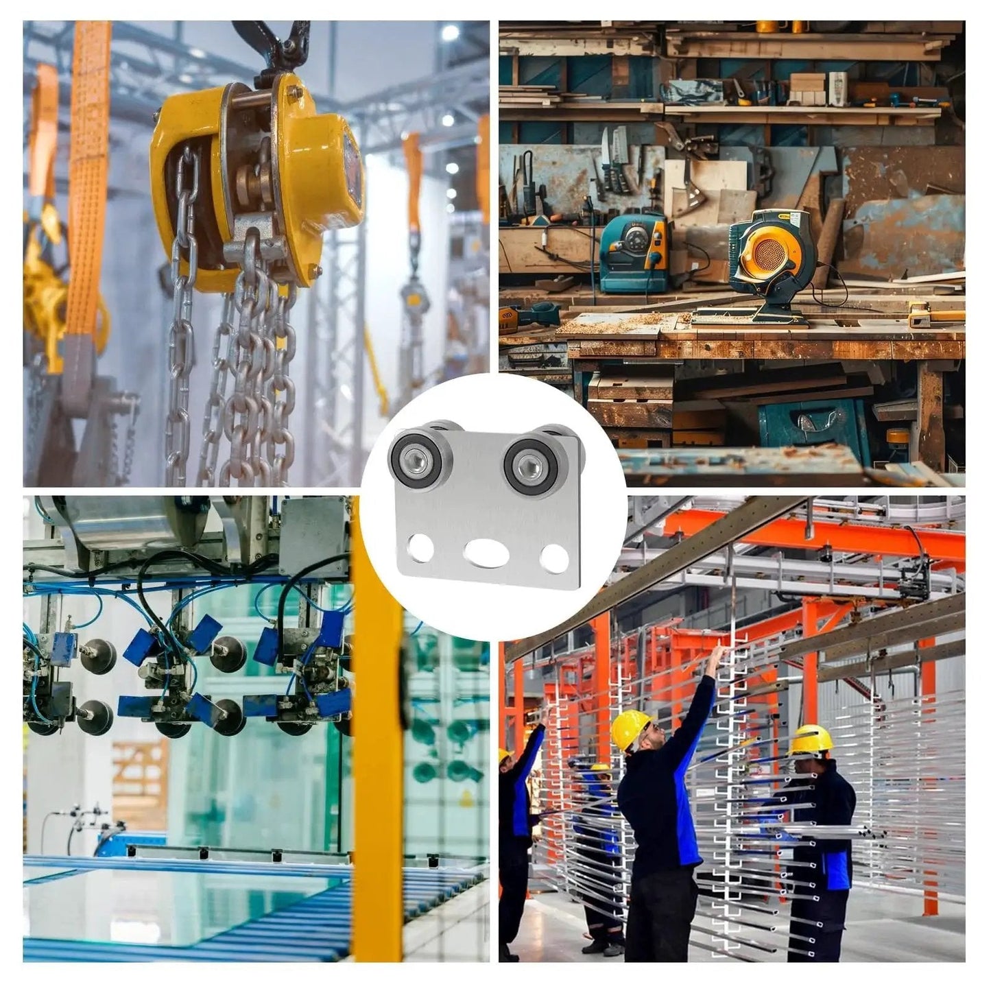 Industrial workshop showing Four Wheel Trolley Assembly Rollers with steel plate, used in 1-5/8 inch wide strut channel.