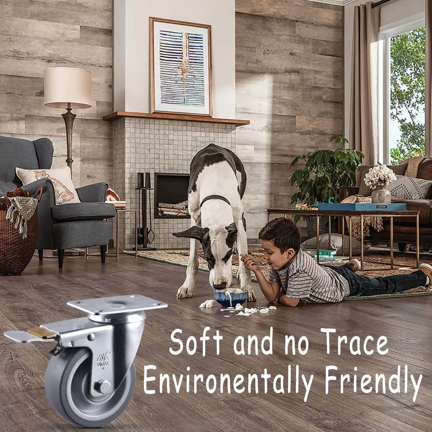Living room with child and dog, 4 Inch Heavy Duty Caster Wheels With Brakes Set Of 4 2200 Lb Capacity Swivel TPR displayed front.