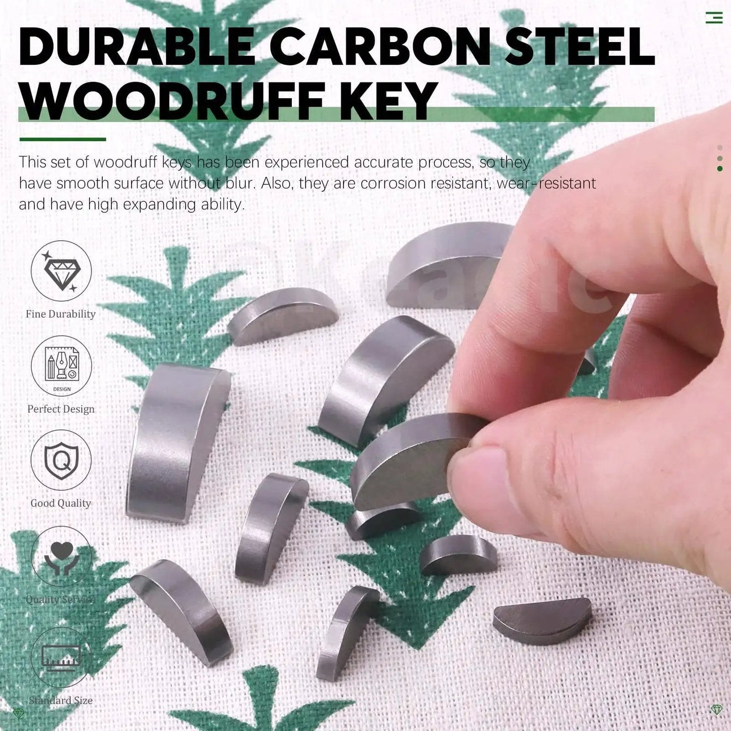 Woodruff Key Assortment Pack 150 Pcs in 15 Metric Sizes Carbon Steel Half Moon Keys for Gear Shafts Pulleys and Cranks displayed on cloth.