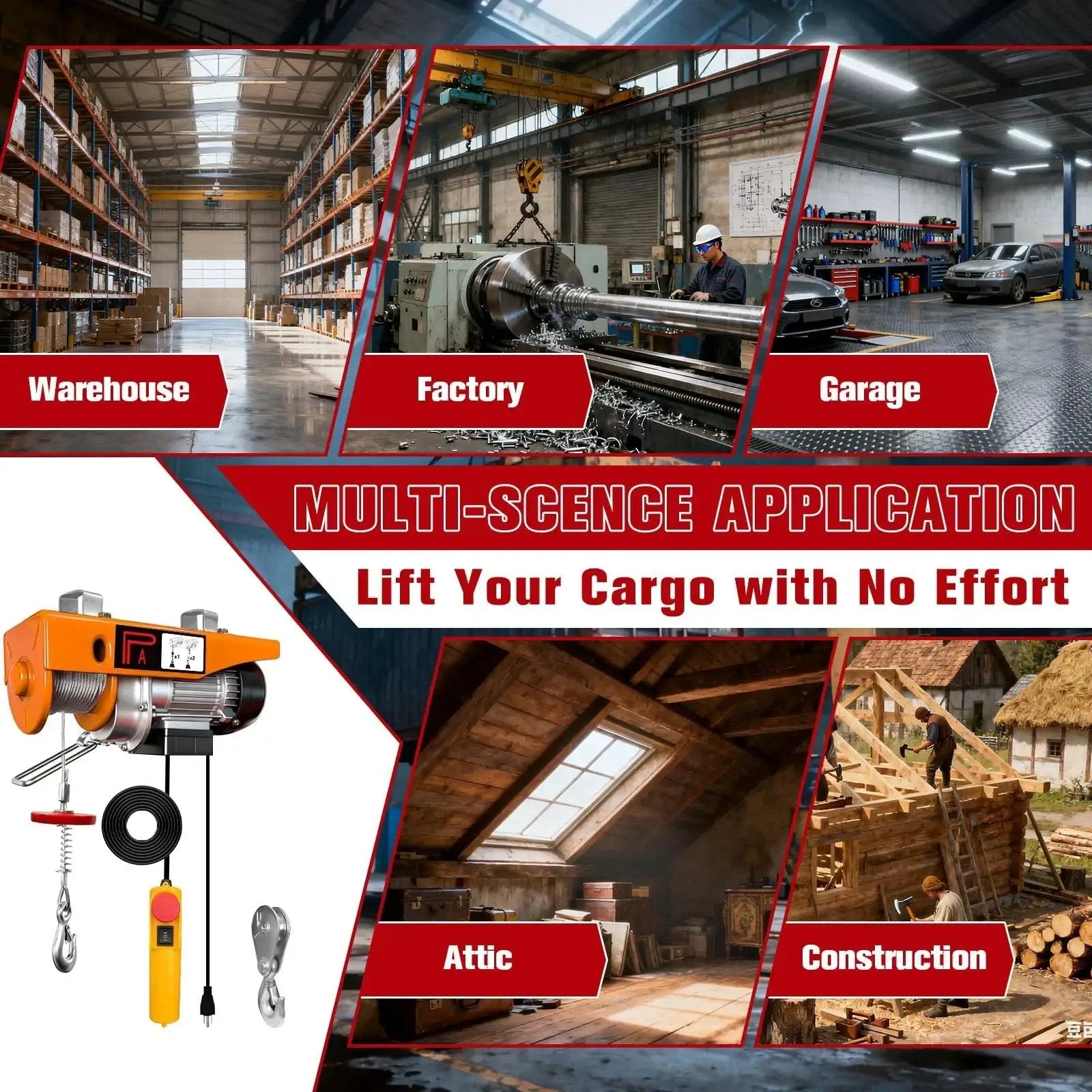 Multi-scene application of a 440 Lbs Electric Hoist With Remote Control 510W Winch 39.4 Ft Lift For Garage in various settings.