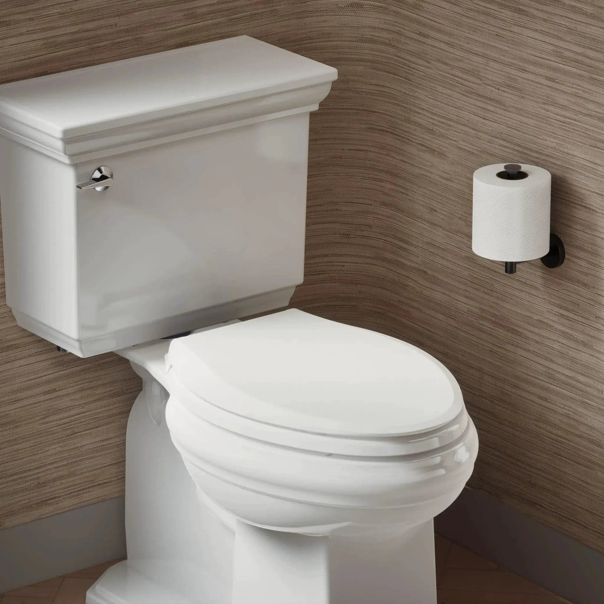 Cachet ReadyLatch Elongated Toilet Seat With Soft Close Lid And Easy Install, shown on an installed elongated toilet