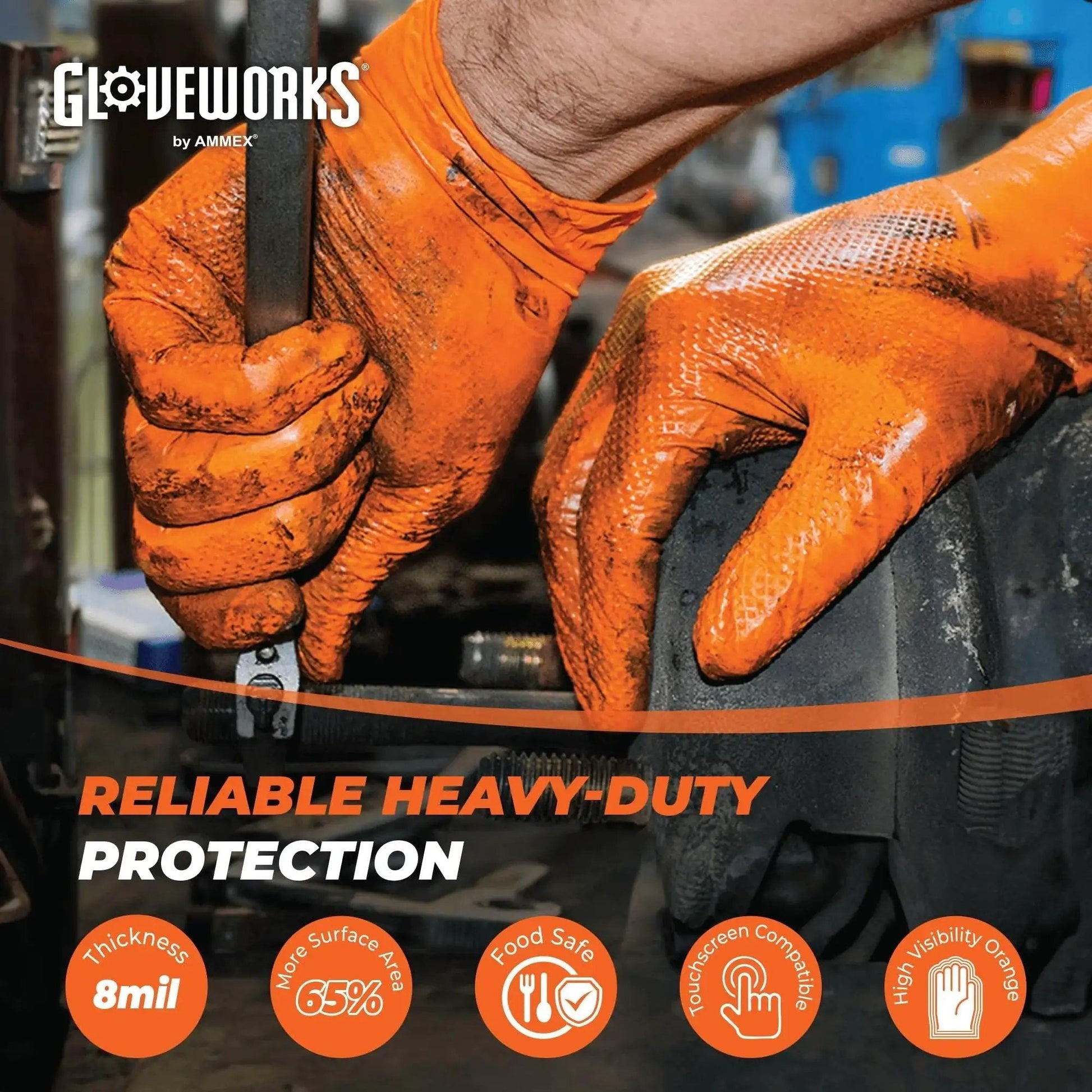 Orange Nitrile Work Gloves 8 Mil Heavy Duty Raised Diamond Grip Two Boxes in use handling tools