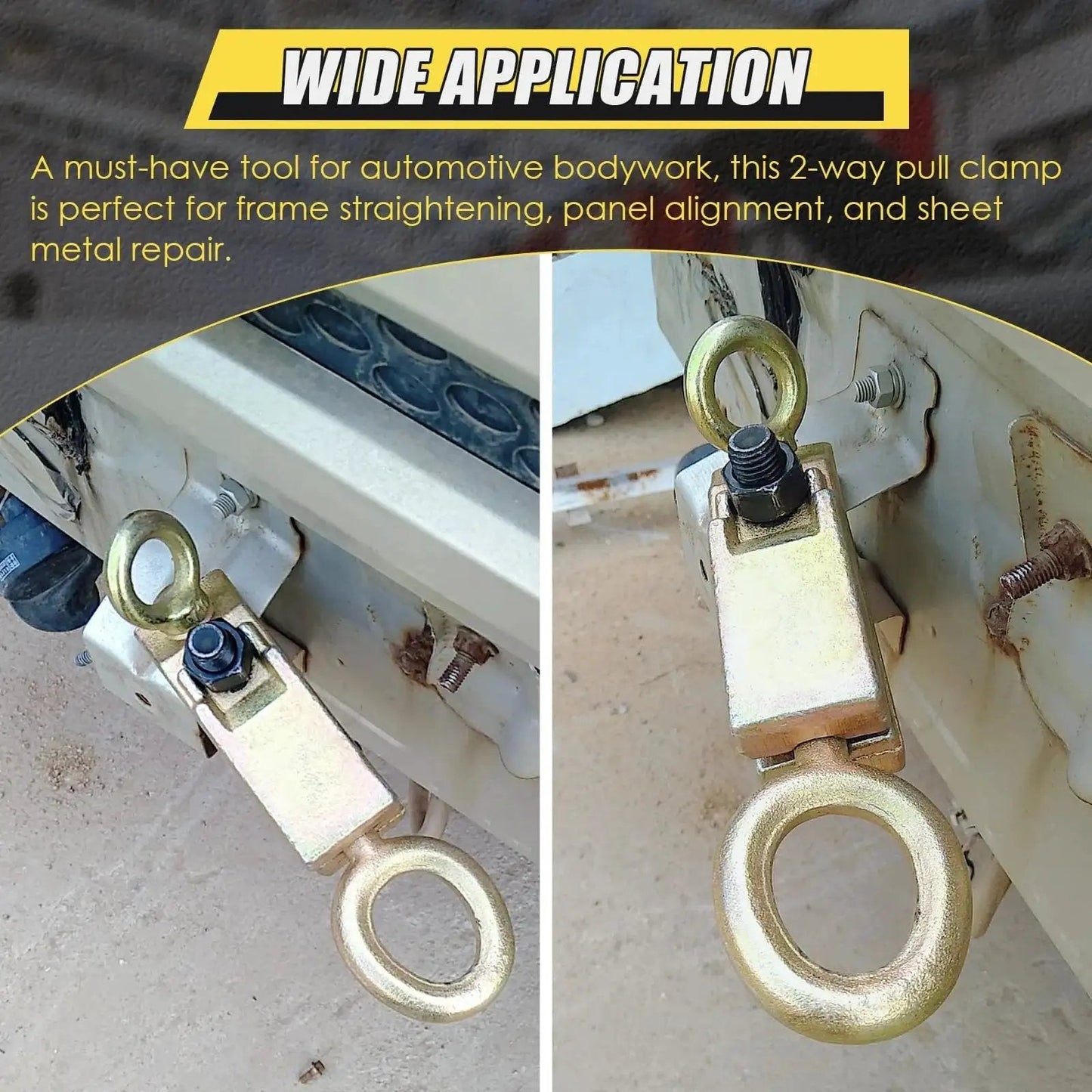 Beefy 5 Ton 2 Way Auto Body Repair Pull Clamp With Self Tightening Grips installed on vehicle frame, showing metallic finish and bolts