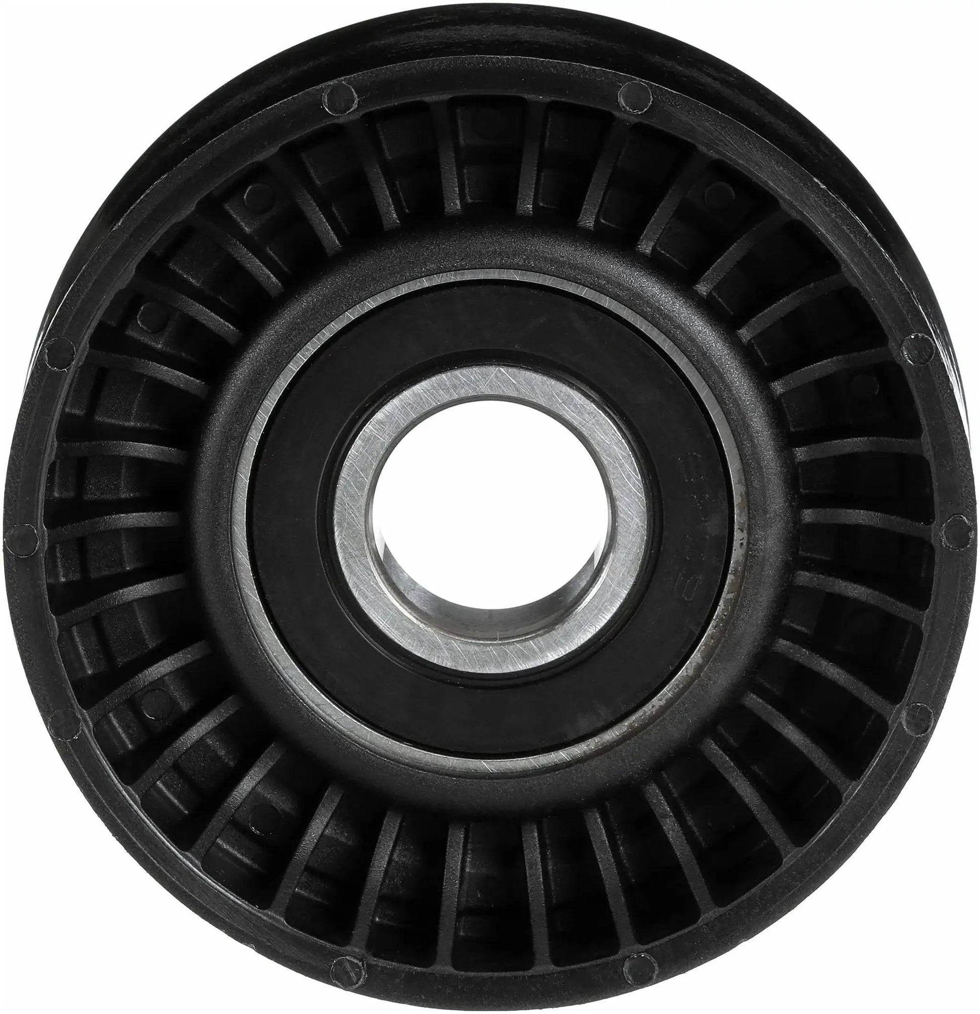 Front view of DriveAlign Belt Drive Idler Tensioner Pulley 38018 with OE quality fit, steel and thermoplastic construction for vehicles.
