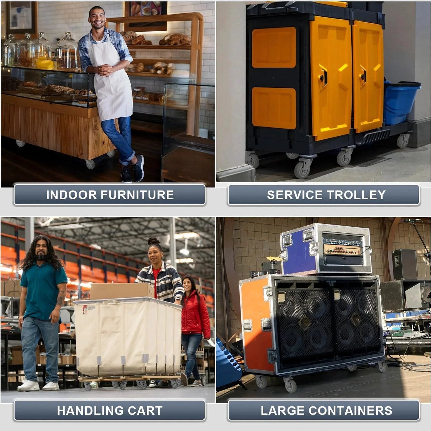 4 Inch Thermoplastic Rubber Caster Wheels used on furniture, service trolleys, handling carts, and large containers in industrial settings.