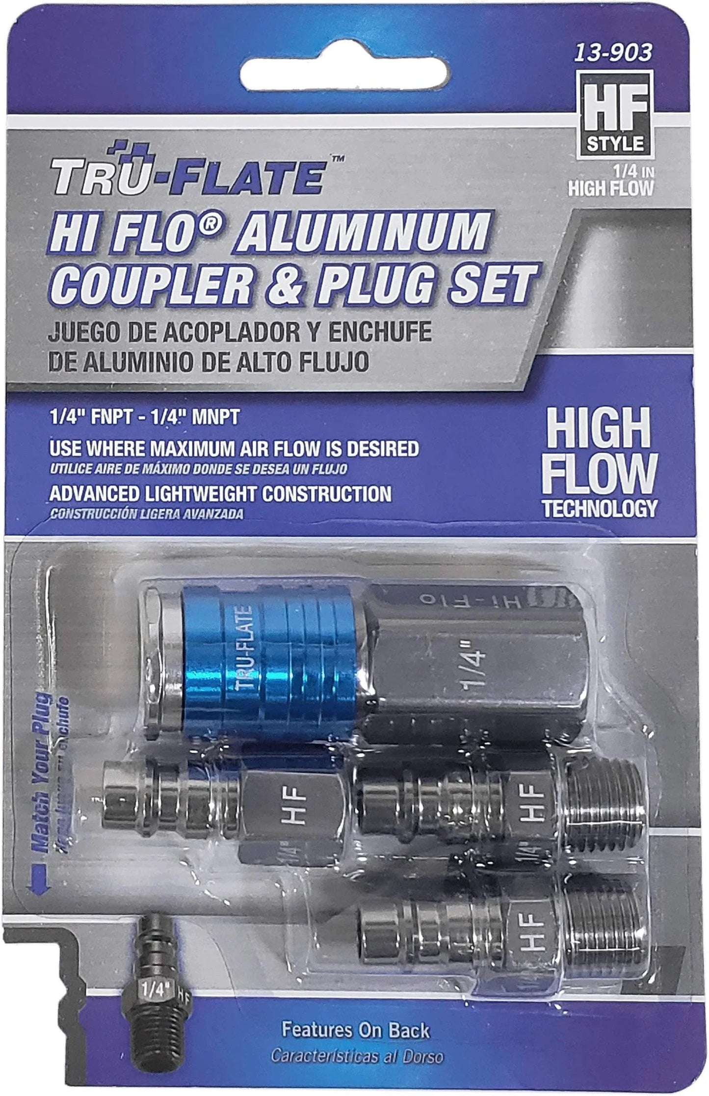 Hi Flo Aluminum One Quarter Inch NPT Plug And Coupler Set For Air Tools 13 903 I M Style in retail packaging
