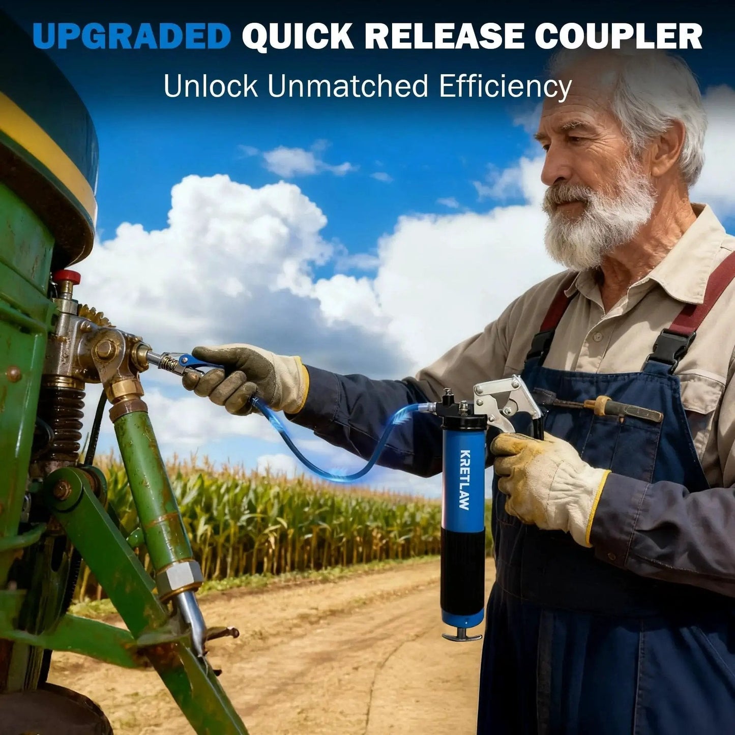Man using Heavy Duty 7000 PSI Pistol Grip Grease Gun Kit With 14 Oz Cartridge to lubricate tractor component by field