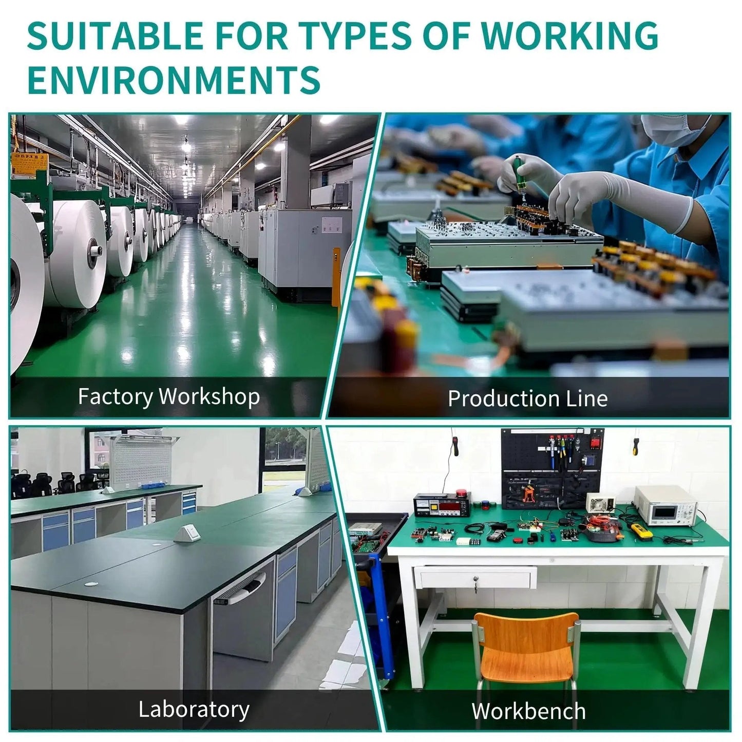 Image of various work environments suitable for the Large ESD Grounding Desk Mat Roll 23.6 By 118 Inches for electronics repair.