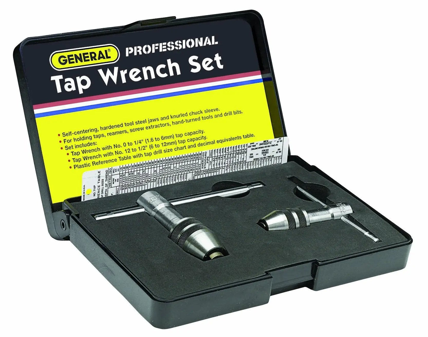 Two Piece Tap Wrench Set With Sliding T Handle And Reference Table For Zero To One Half Inch Taps in open case