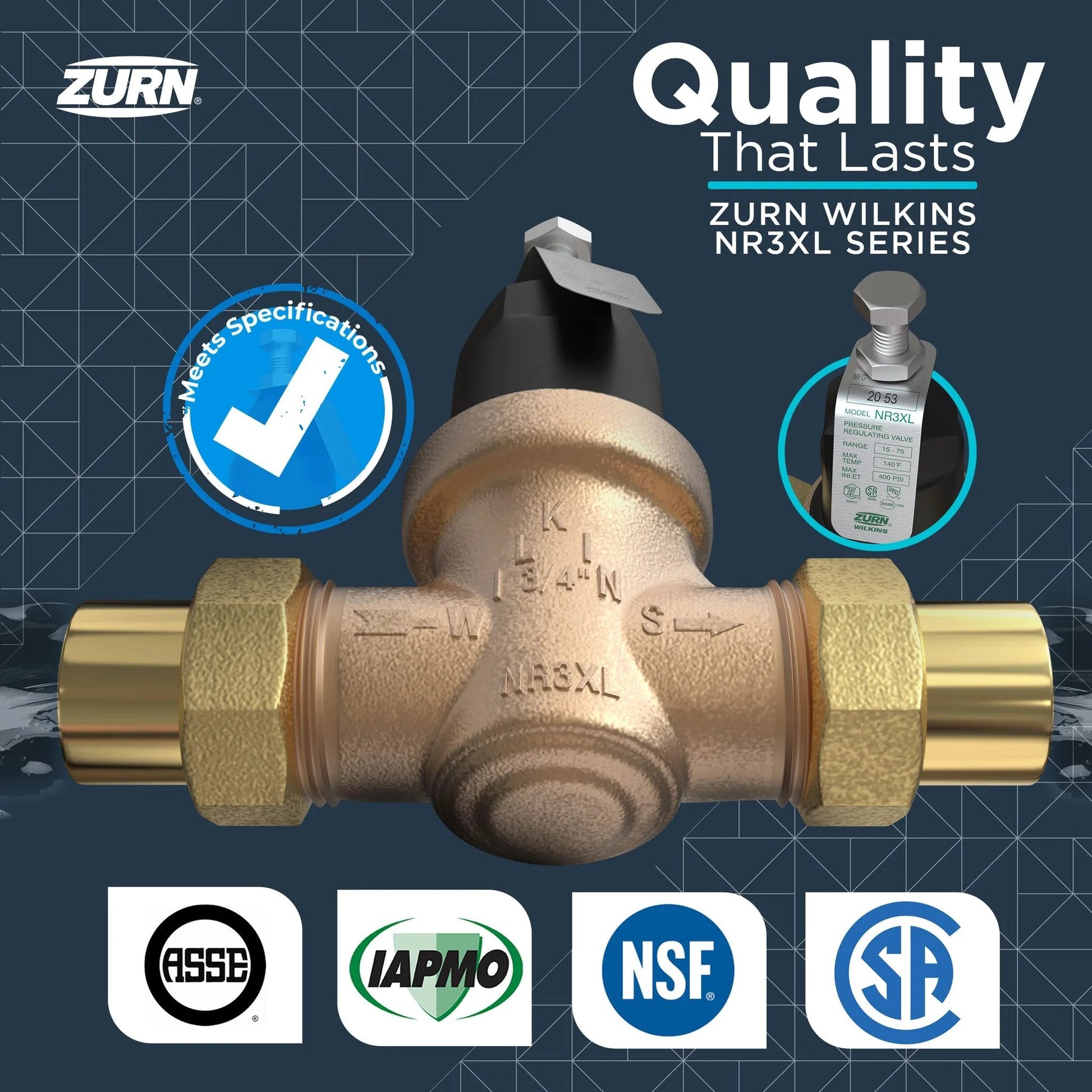 Pro Grade Industrial Heavy Duty Water Pressure Reducing Valve With Bypass Check And Strainer Three Quarter Inch NR3XL High Range