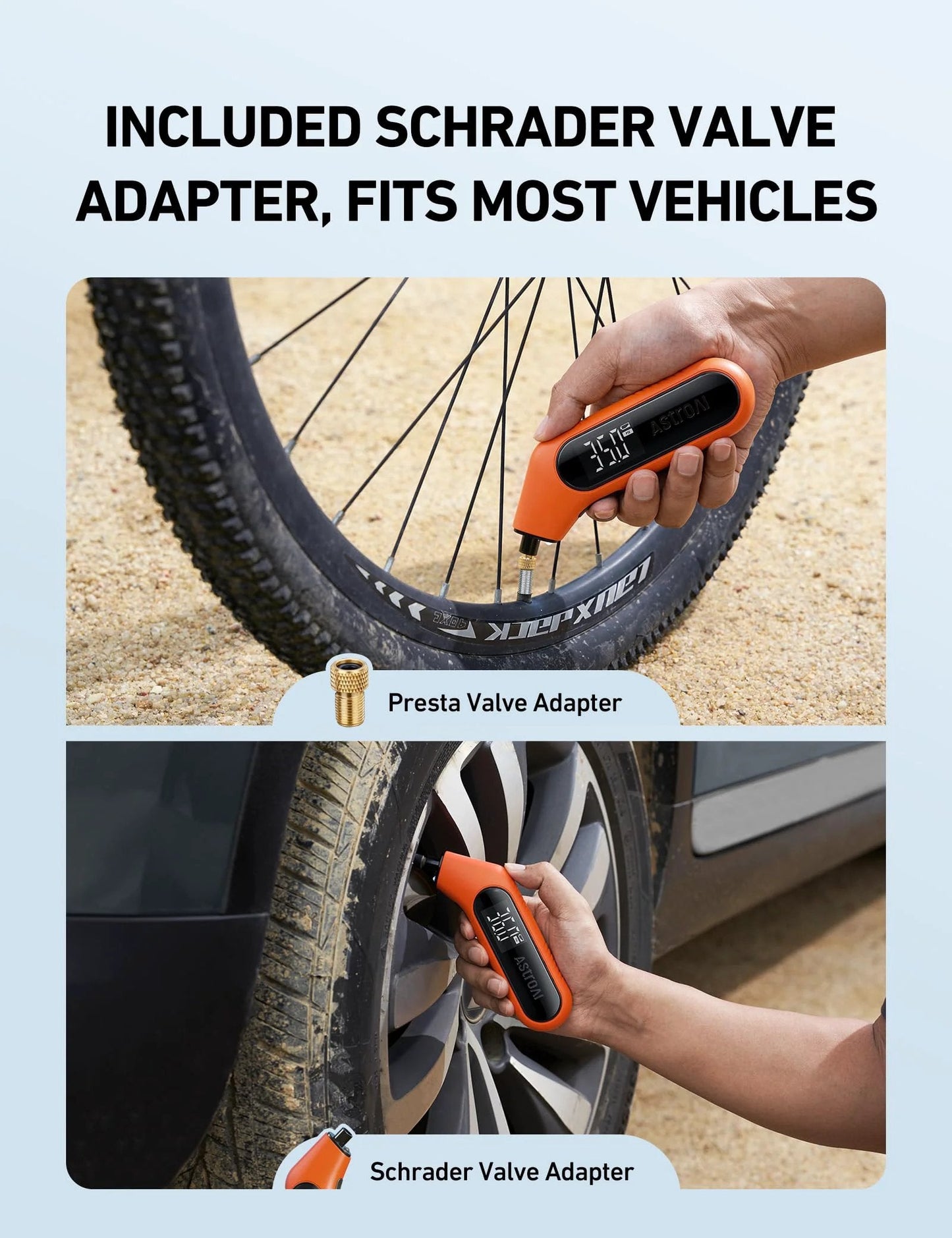 Person using Digital Tire Pressure Gauge 3-300 PSI With Backlit Display And Flashlight, Pro Grade ANSI B40.7 Grade 2A 0.5% Accuracy, 4 Units, Presta Valve Adaptor Included, Works With Cars Trucks Motorcycles And Bikes, Orange AstroAI on car and bike