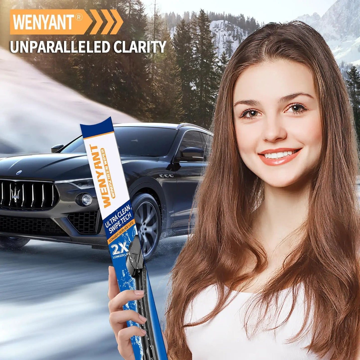 Front Windshield Wiper Blades 26 Inch And 16 Inch Compatible With Honda CR V 2012 2016 Replacement Set Of 3 OEM Quality Easy Install Universal Fit For Most Vehicles held by a smiling woman in winter landscape.