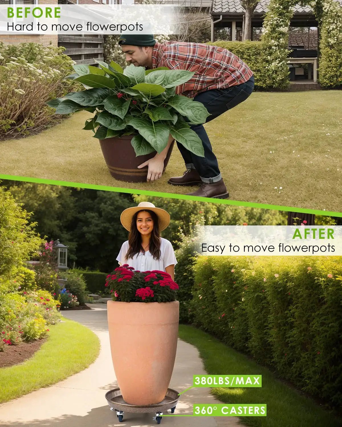 Man struggling to move potted plant, and woman easily moving large pot with 2 Pack 15.7 Inch Large Plant Stand With Lockable Wheels.