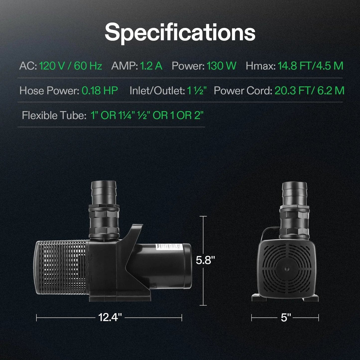 Side and front view of Ultra Quiet Submersible Water Pump For Ponds And More, 3567 GPH, 130W, 14.8 Ft Lift, IP68 Waterproof with specifications.