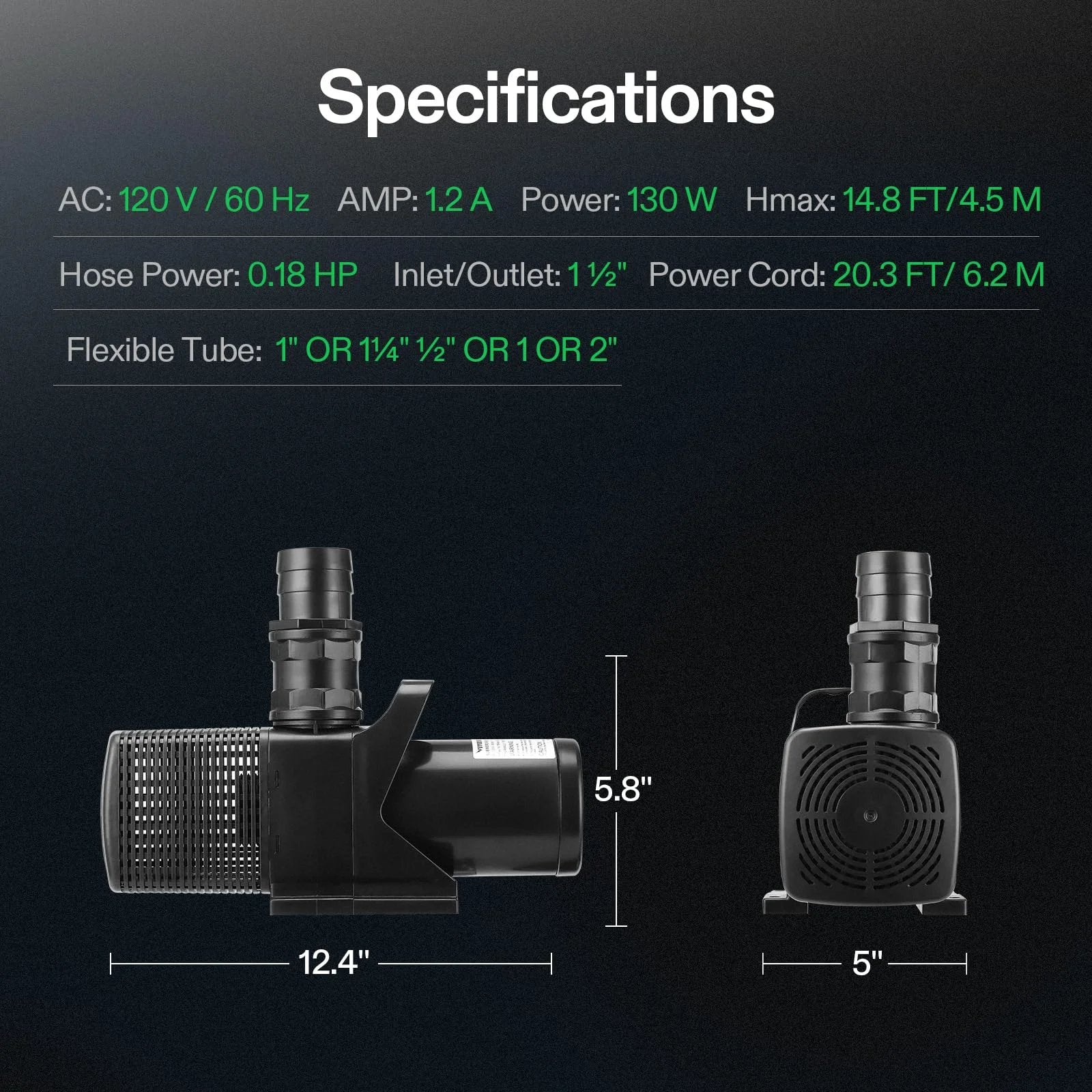 Side and front view of Ultra Quiet Submersible Water Pump For Ponds And More, 3567 GPH, 130W, 14.8 Ft Lift, IP68 Waterproof with specifications.