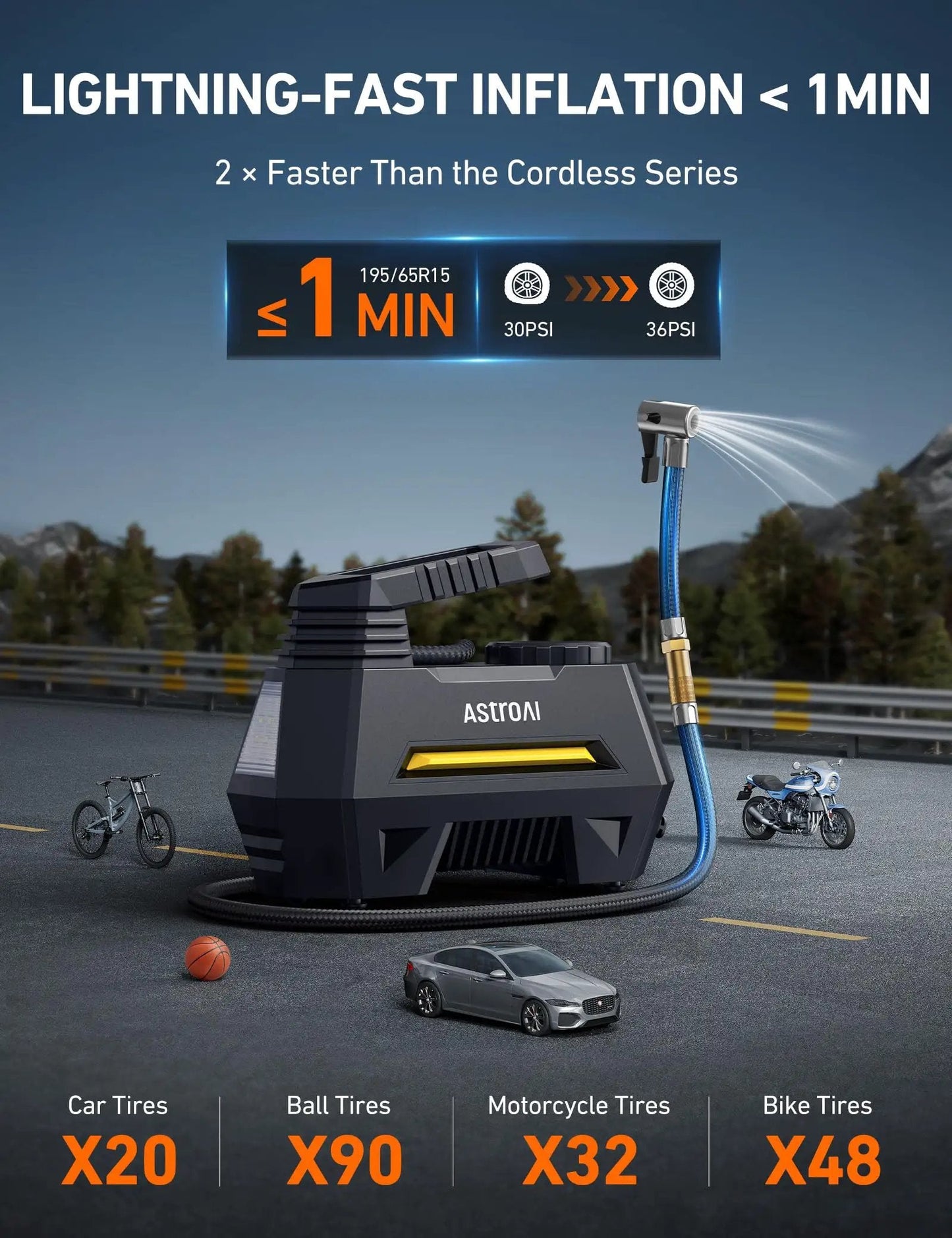 Portable Tire Inflator On The Go With Digital Gauge And Emergency LED Light For Cars And Bikes 12V DC Car Air Pump Nine Point Eight Foot Cord Yellow And Balloons showing quick inflation speeds and compatibility with various tires.