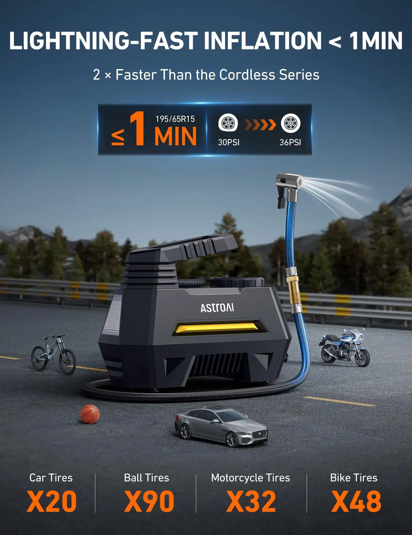 Portable Tire Inflator On The Go With Digital Gauge And Emergency LED Light For Cars And Bikes 12V DC Car Air Pump Nine Point Eight Foot Cord Yellow And Balloons showing quick inflation speeds and compatibility with various tires.