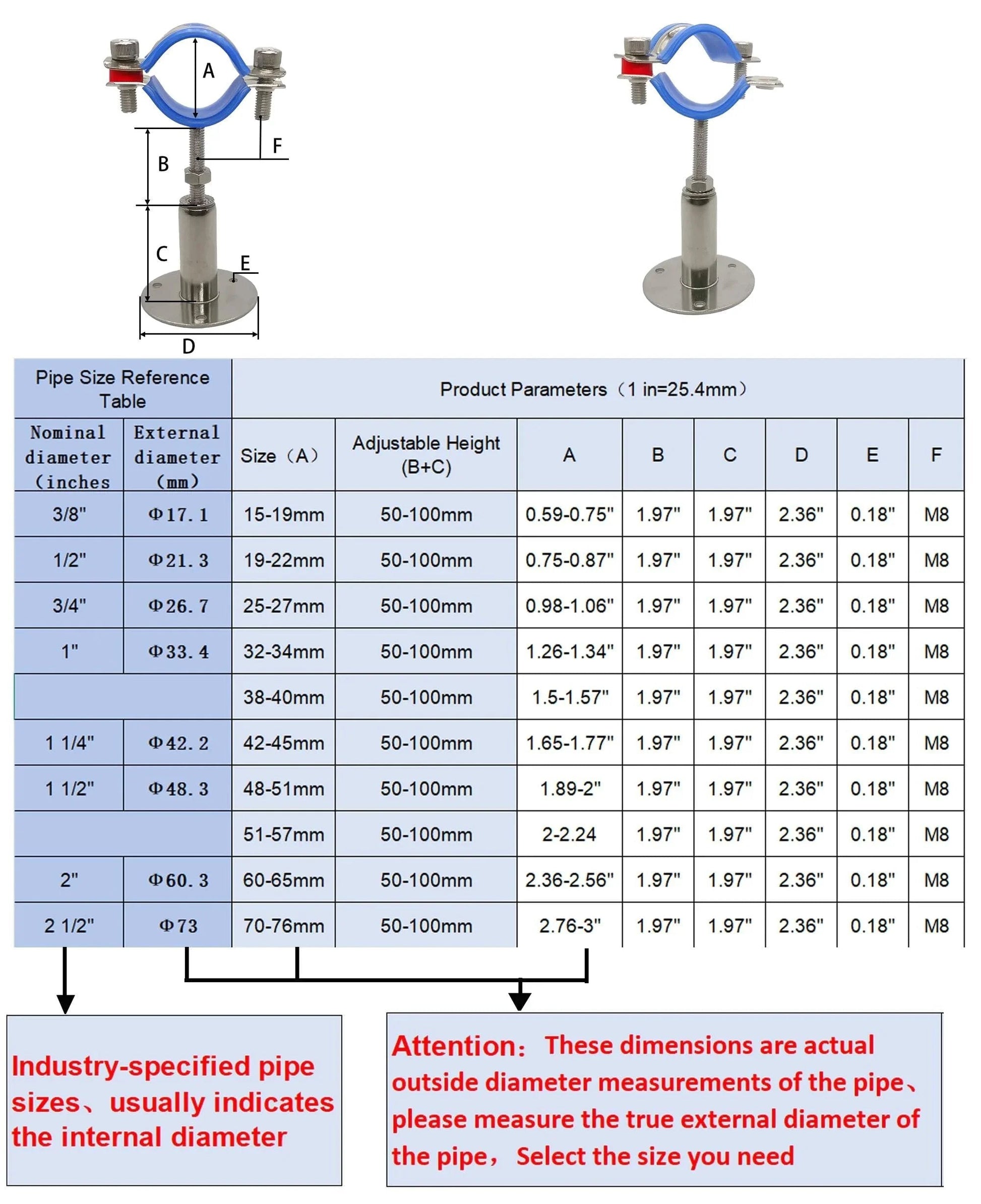 Stainless Steel 304 Wall And Ceiling Pipe Mounts Two Pack, Adjustable Pipe Clamps And Hangers For 48 To 51 Mm OD Pipes, Height Adjustable 50 To 100 Mm, Corrosion Resistant For Humid Environments with dimensions guide table.