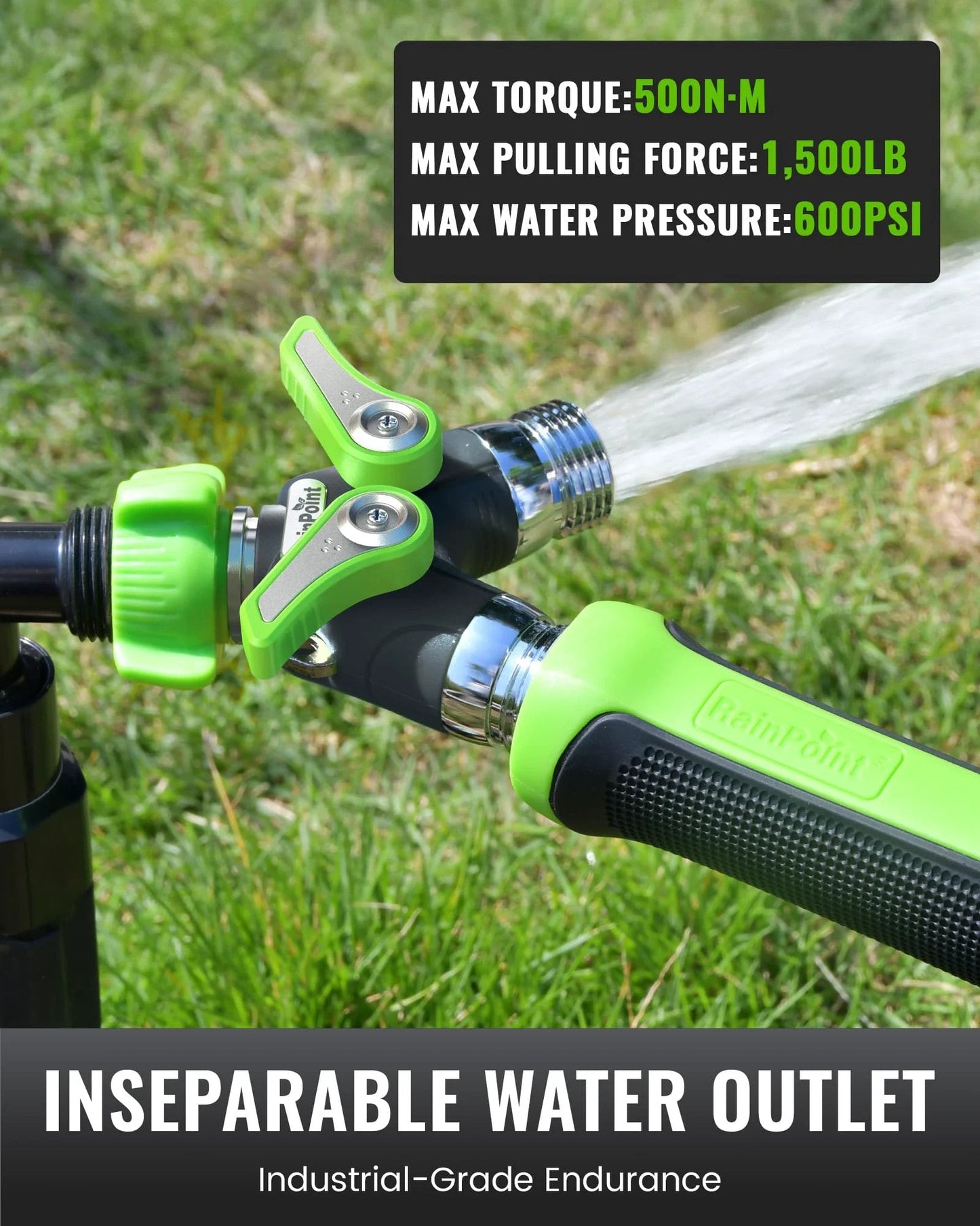Heavy Duty Metal Garden Hose Splitter 2 Way Y Valve With Shutoff in use, green, 3/4 inch GHT, weatherproof, leak resistant