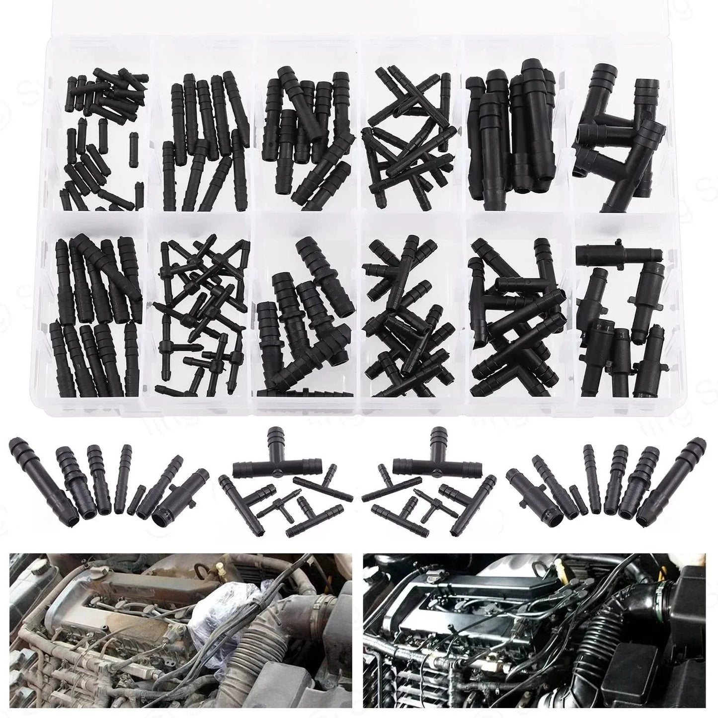 All In One 113 Piece Barbed Vacuum Connector Kit With Tee Connectors Reducers And Straight Hose Fittings For Replacing Vacuum Hoses In Cars Trucks Boats And Home Appliances Swpeet, showing various black connectors in a box.