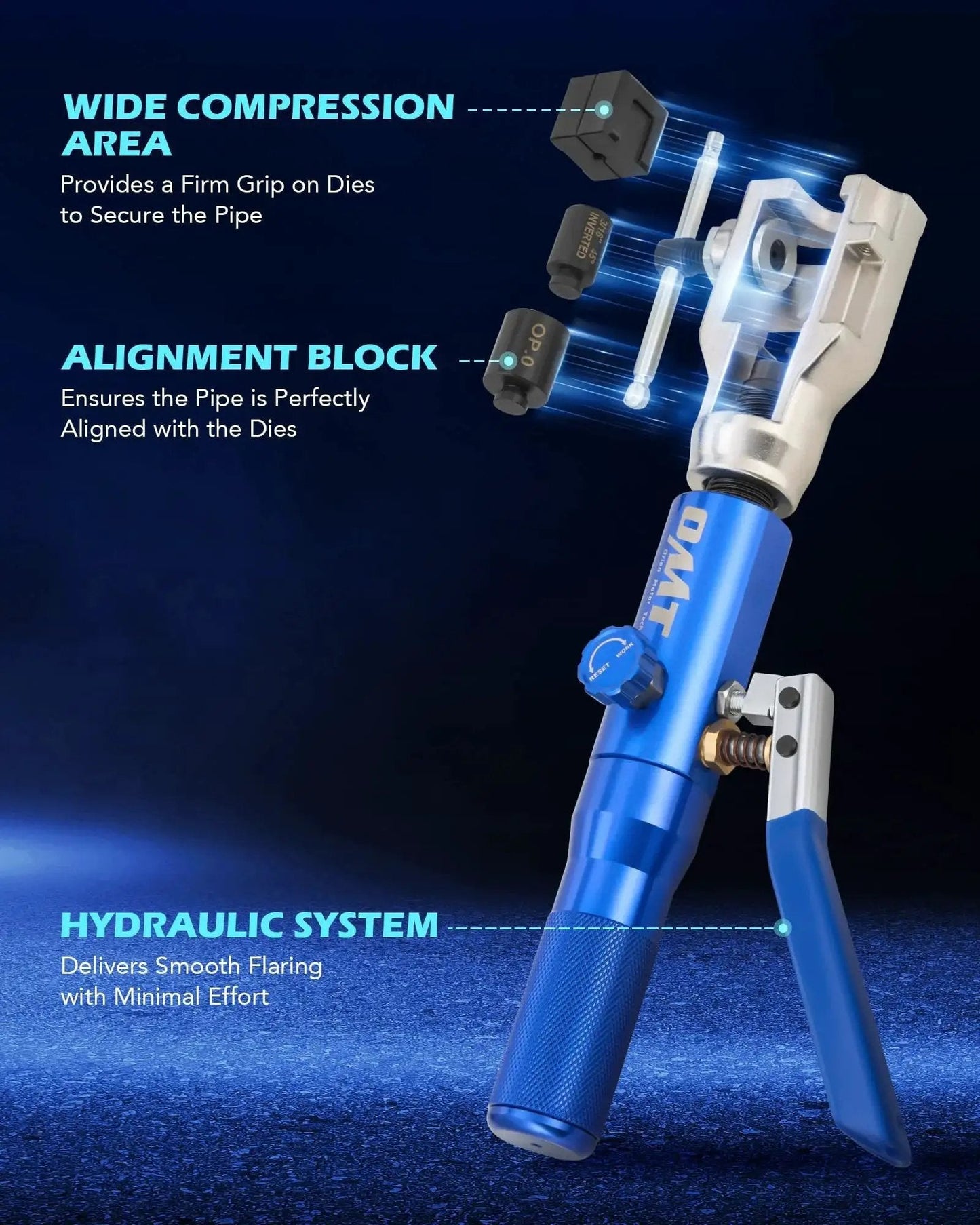 Universal Hydraulic Flaring Tool Kit With Tubing Cutter And 45 Degree ISO Flare showing compression area and alignment block.