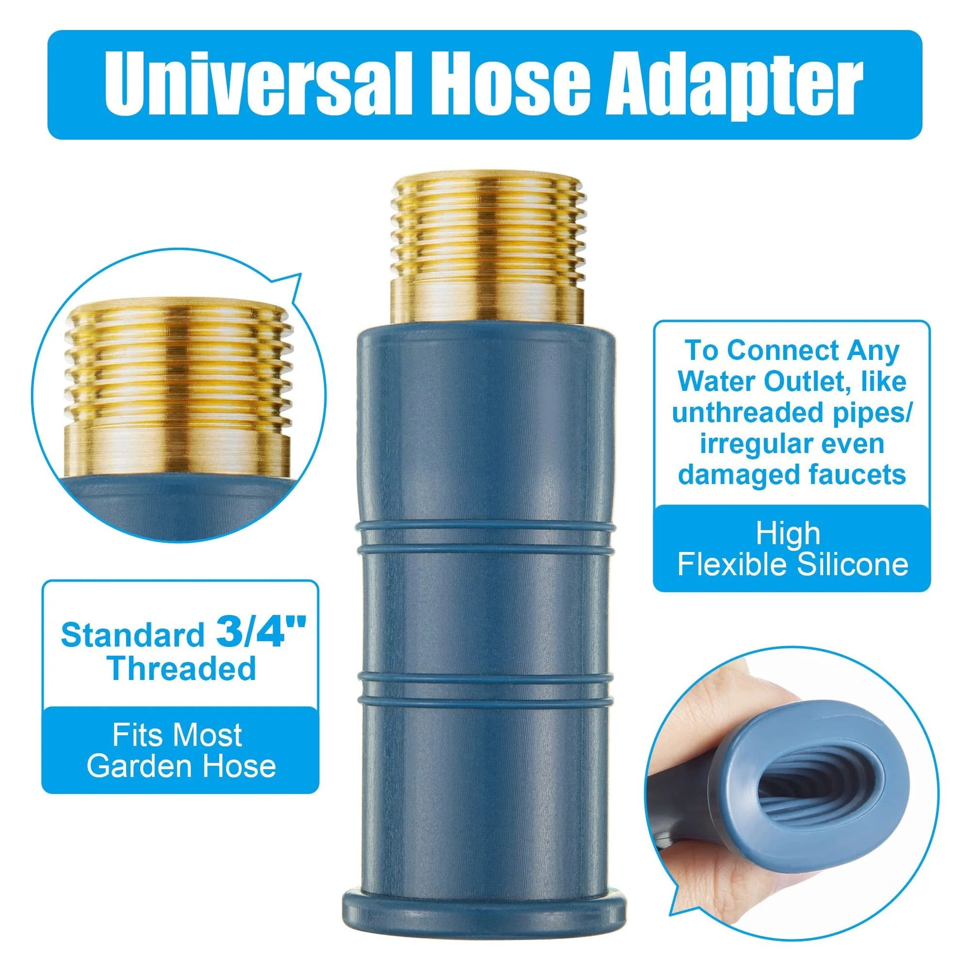 Universal Faucet Hose Adapter With Three Quarter Inch Brass Threaded End And Flexible Silicone Sleeve Fits Most Hoses And Damaged Or Threadless Faucets Great For RV Garden And Outdoor Water Connections