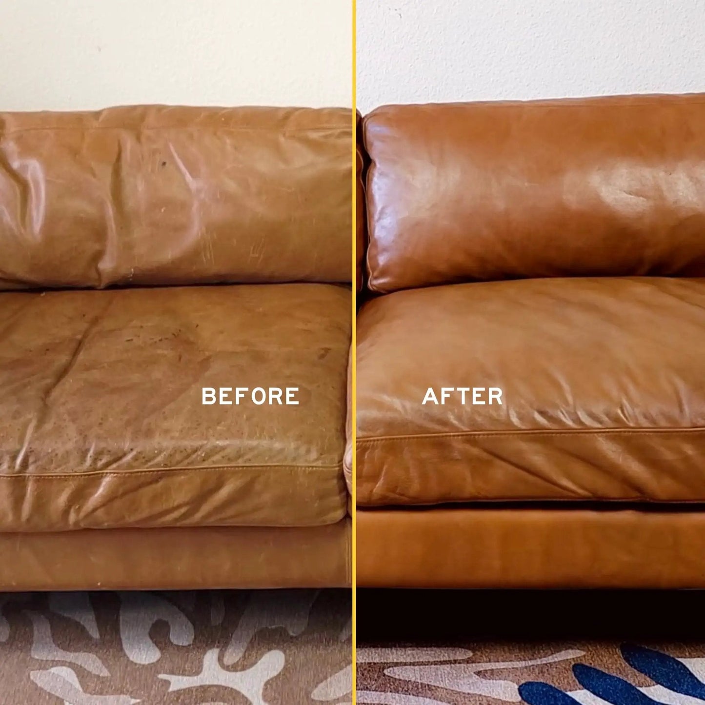 Premium Leather Cleaner For Auto Interiors And Furniture Shoes Bags And Apparel From Leather Honey Brand Non Toxic Fragrance Free Formula EPA Safer Choice 8 Oz Safe For All Leather Types Car Interiors before and after comparison of leather sofa.