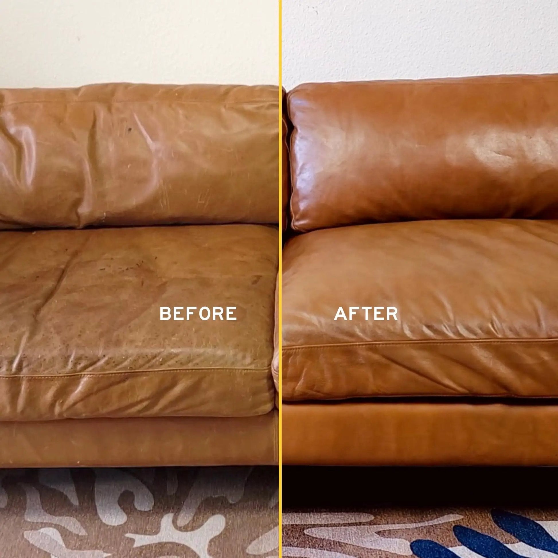 Premium Leather Cleaner For Auto Interiors And Furniture Shoes Bags And Apparel From Leather Honey Brand Non Toxic Fragrance Free Formula EPA Safer Choice 8 Oz Safe For All Leather Types Car Interiors before and after comparison of leather sofa.