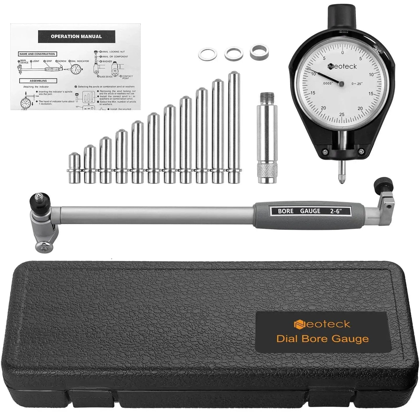 Deep Engine Cylinder Dial Bore Gauge Set For Accurate Measurements 2 To 6 Inch Range With 0.001 Inch Resolution Self Centering Design Includes 11 Carbide Anvils Chrome Plated Handle Insulated Grips And Durable Carry Case Neoteck components with case.