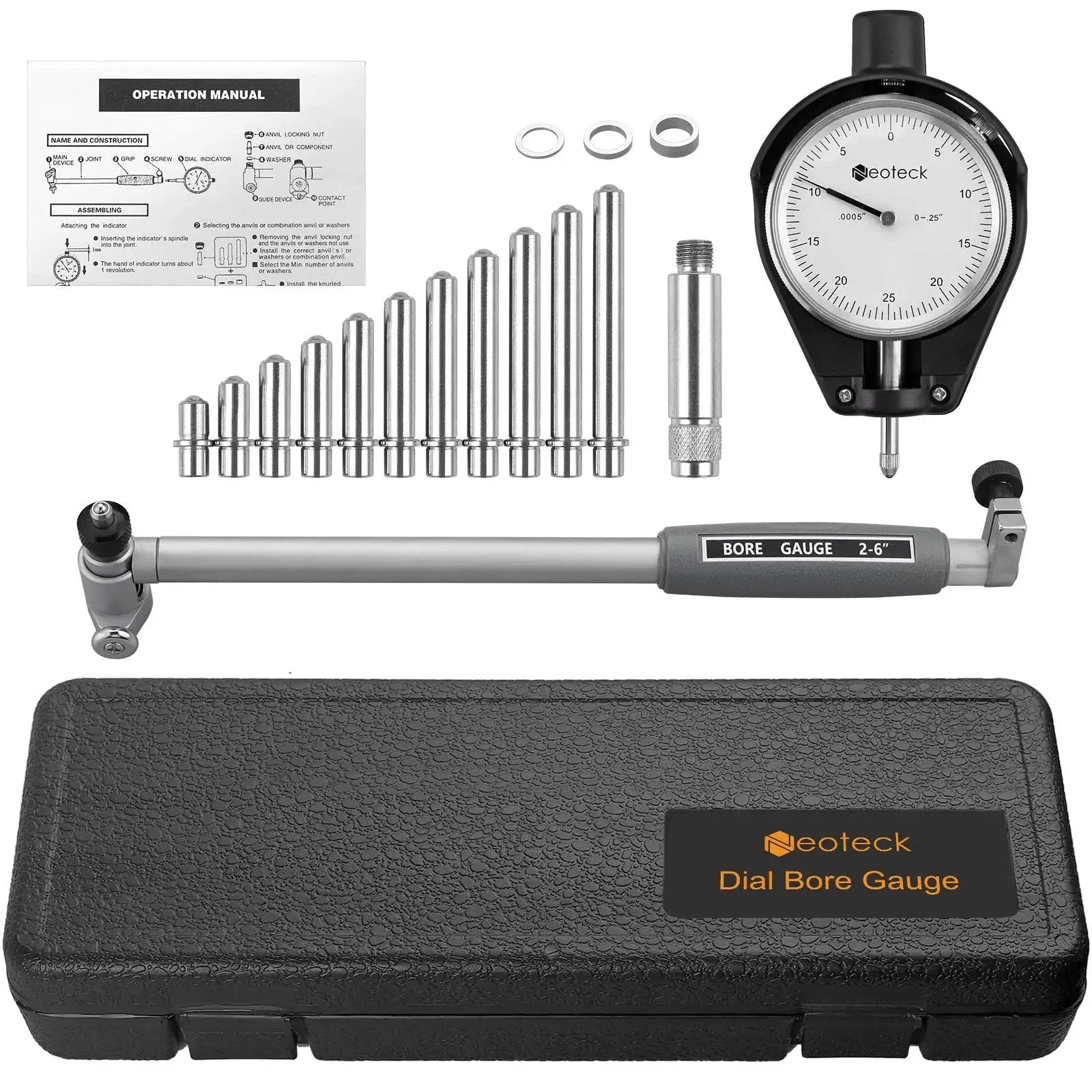 Deep Engine Cylinder Dial Bore Gauge Set For Accurate Measurements 2 To 6 Inch Range With 0.001 Inch Resolution Self Centering Design Includes 11 Carbide Anvils Chrome Plated Handle Insulated Grips And Durable Carry Case Neoteck components with case.