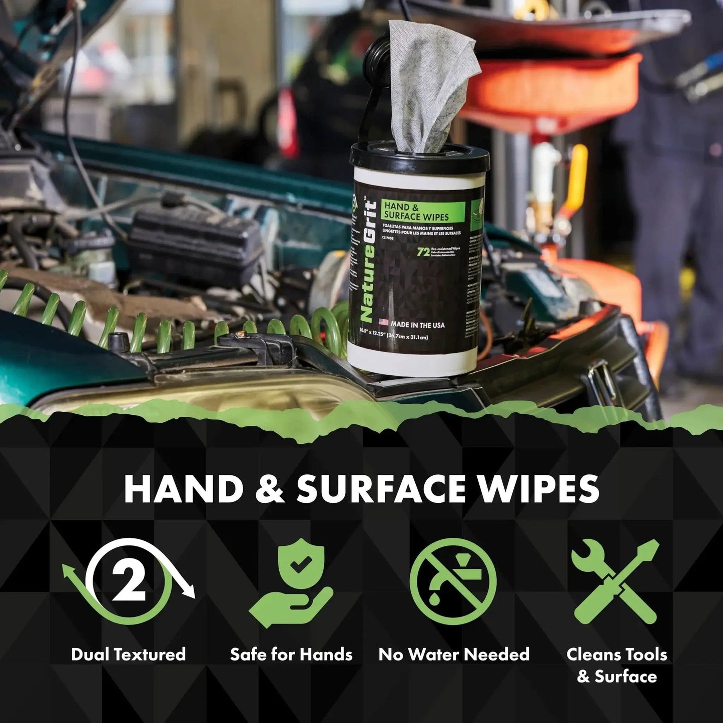 Heavy Duty Mechanic Hand And Surface Wipes Degreaser For Grease And Grime in a workshop setting with engine and toolkit.