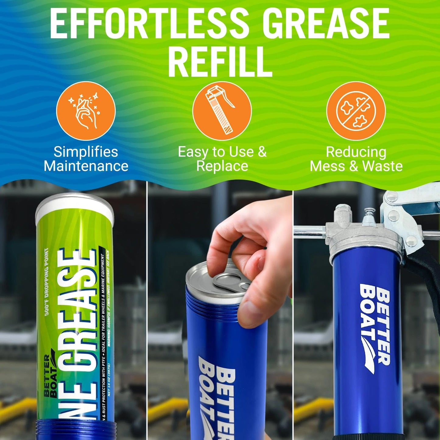 Marine Grease Tube 14 Oz High Temp Waterproof NLGI 2 Lubricant For Trailer Bearings Ball Hitches And Marine Machinery Grease Gun Compatible 3 Oz Option Available, shown in use.