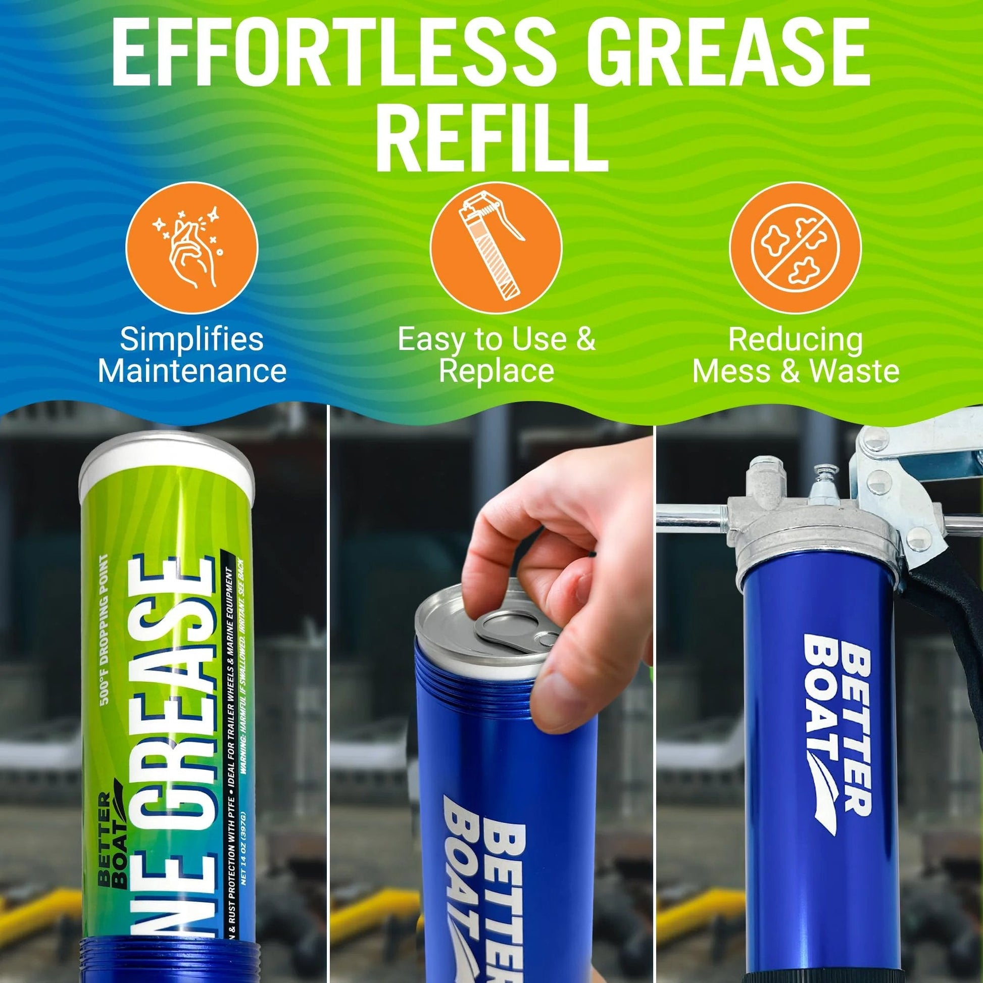 Marine Grease Tube 14 Oz High Temp Waterproof NLGI 2 Lubricant For Trailer Bearings Ball Hitches And Marine Machinery Grease Gun Compatible 3 Oz Option Available, shown in use.