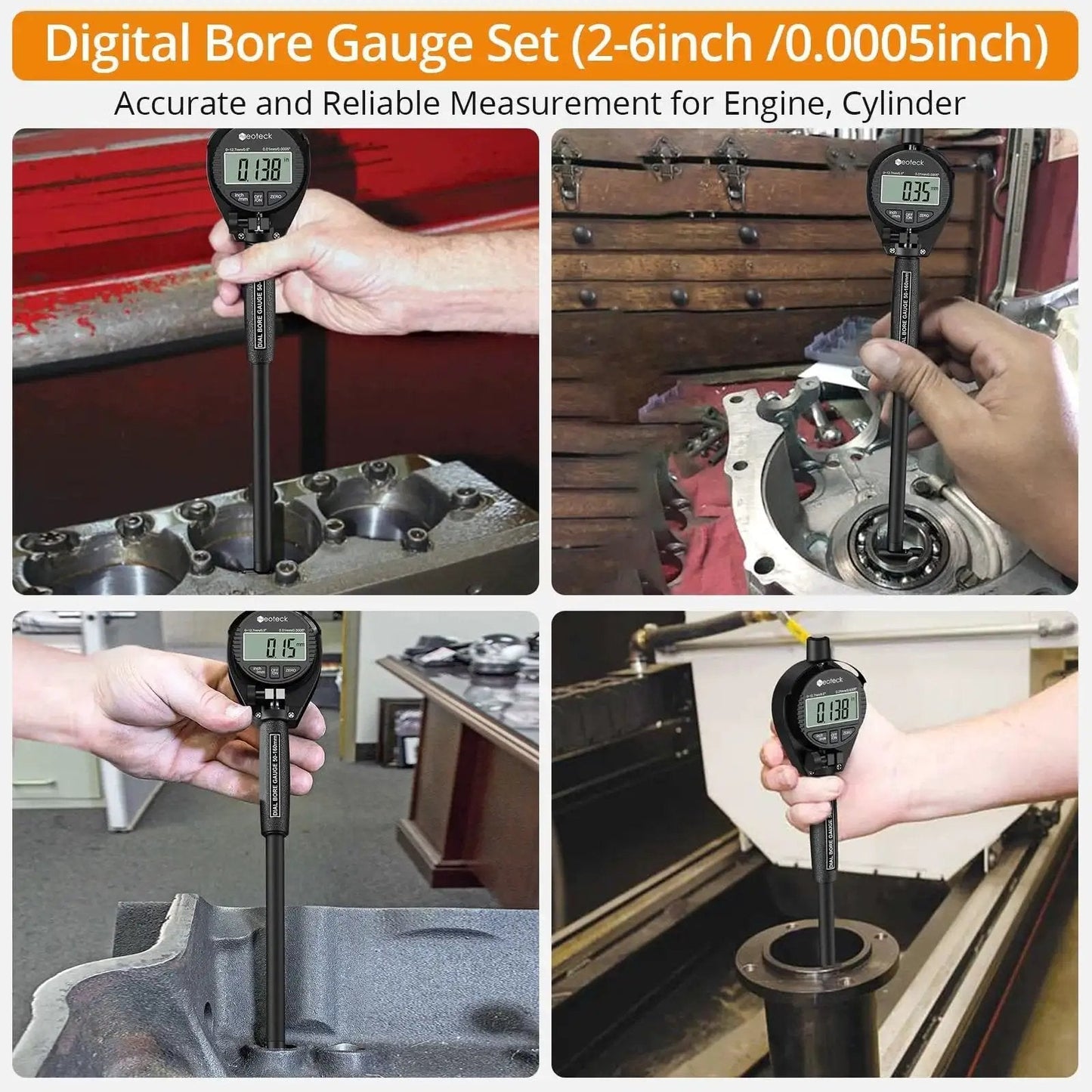 Pro Grade Digital Bore Gauge Set For 2 To 6 Inch Cylinders with Self Centering Dial Indicator and Carbide Anvils in use