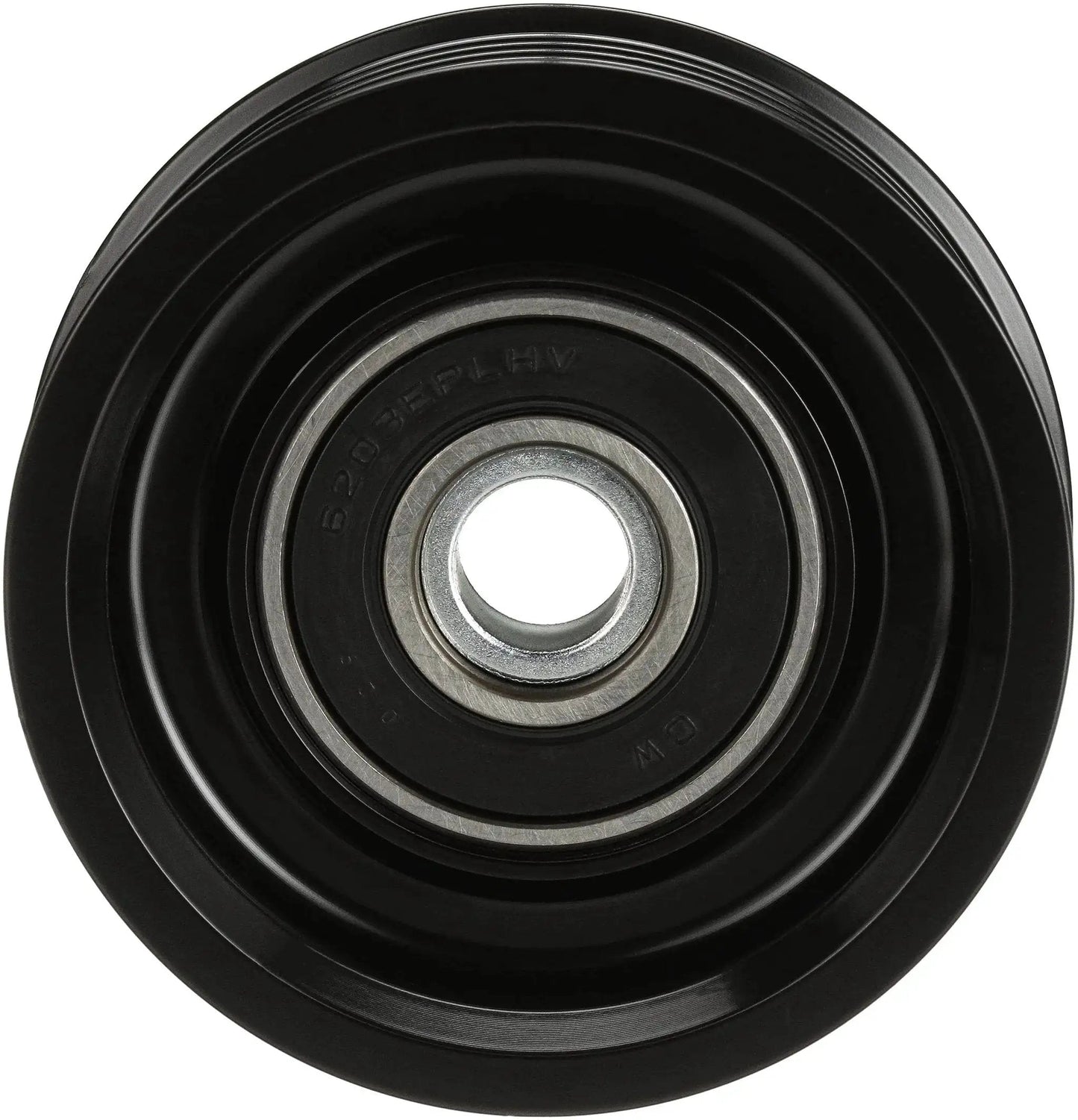 Front view of DriveAlign Belt Drive Idler And Tensioner Pulley By Gates for most vehicles, OE quality steel and thermoplastic construction.