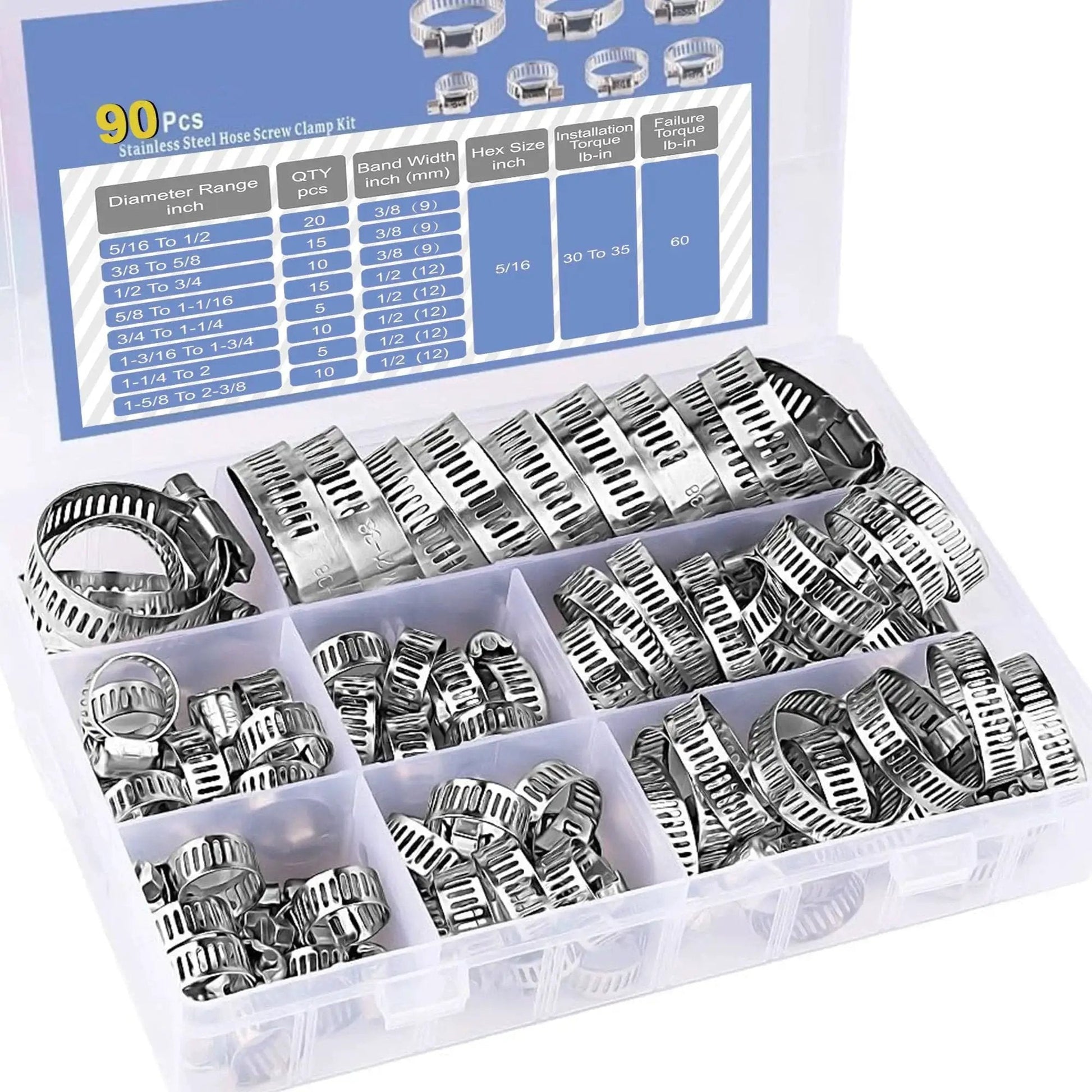 90 Piece Stainless Steel Hose Clamps Set For Automotive Radiators And Pool Hoses, 5/16 To 2-3/8 Inches Range, in organized case