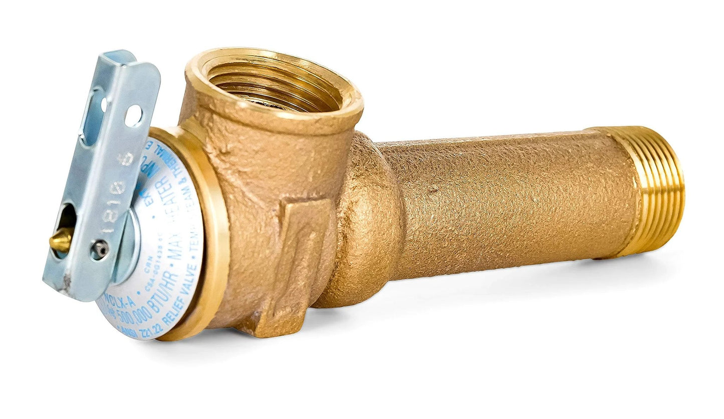 Temperature And Pressure Relief Valve For Water Heaters 3/4 Inch Inlet Outlet 150 Psi 210 F With 3-5/16 Inch Shank Copper Alloy Body