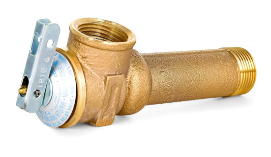 Temperature And Pressure Relief Valve For Water Heaters 3/4 Inch Inlet Outlet 150 Psi 210 F With 3-5/16 Inch Shank Copper Alloy Body