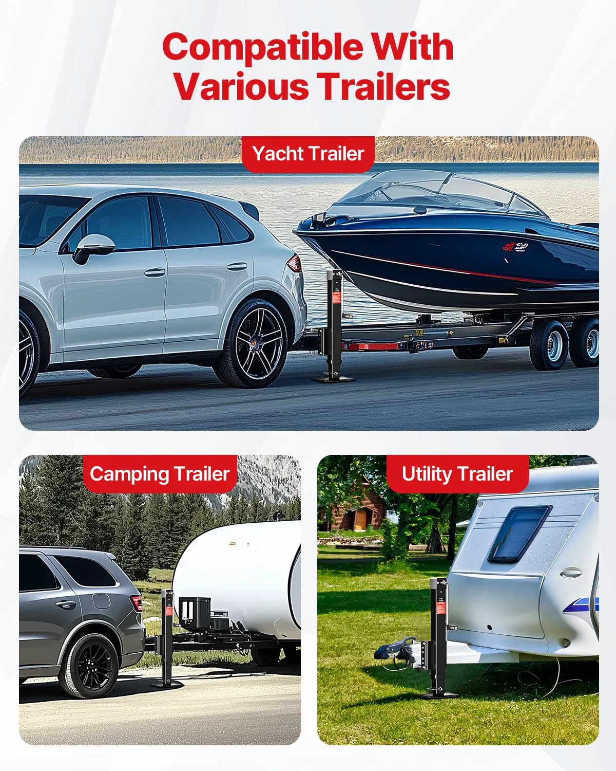 Beefy 8000 Lbs Heavy Duty Trailer Jack With 20-24V Cordless Drill Compatibility And 28.6 Inch Lift shown with various trailers