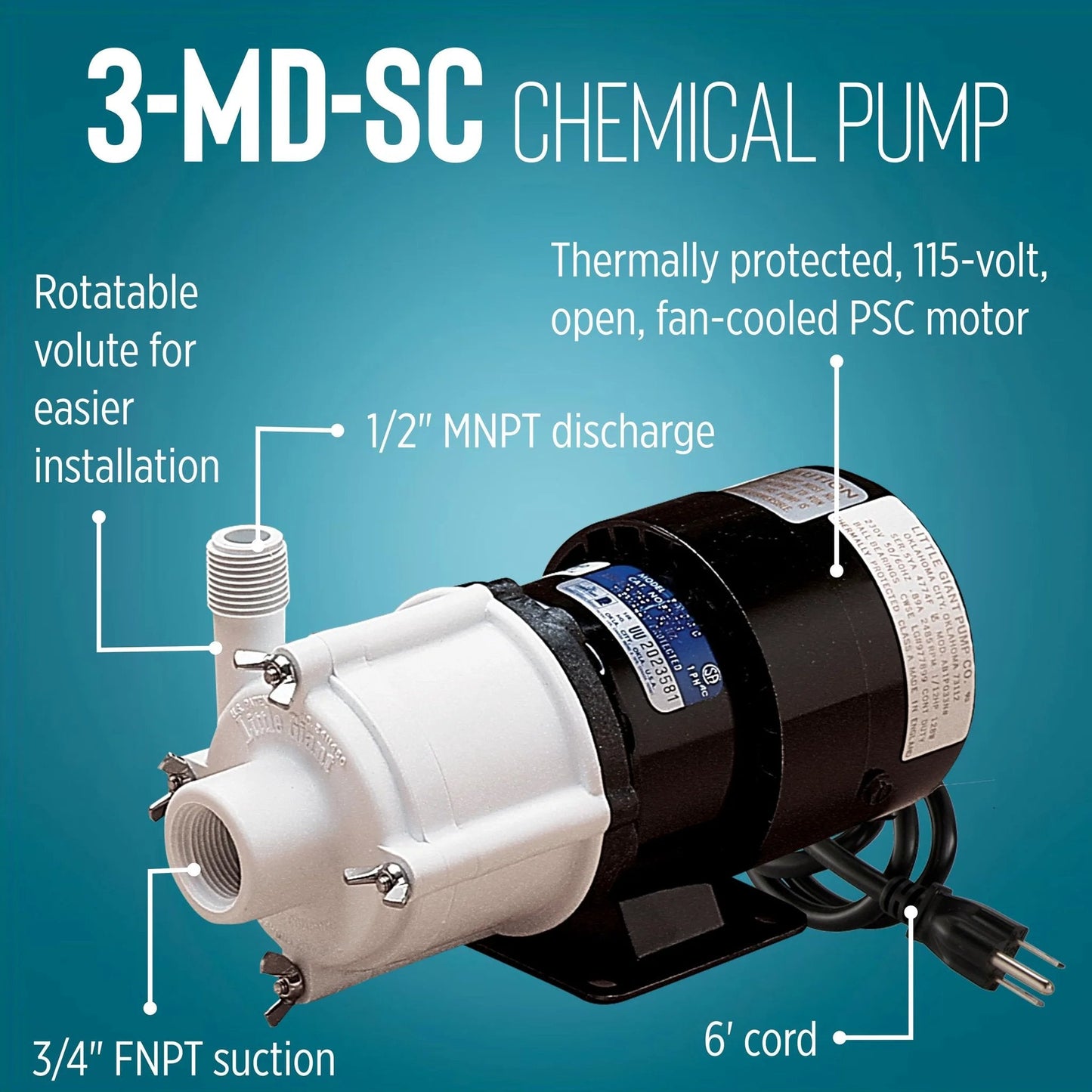 Heavy-Duty Non-Submersible Magnetic Drive Pump for Semi-Corrosive Chemicals, 115V, 1/12 HP, 750 GPH, 3-MD-SC, glass-filled PP impeller