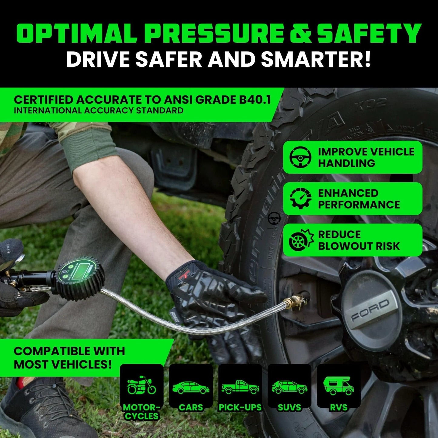 All In One 3 In One Tire Pressure Tool With Inflator Gauge Bleed Valve And Hose 0 To 200 PSI for Trucks and RVs in use on tire