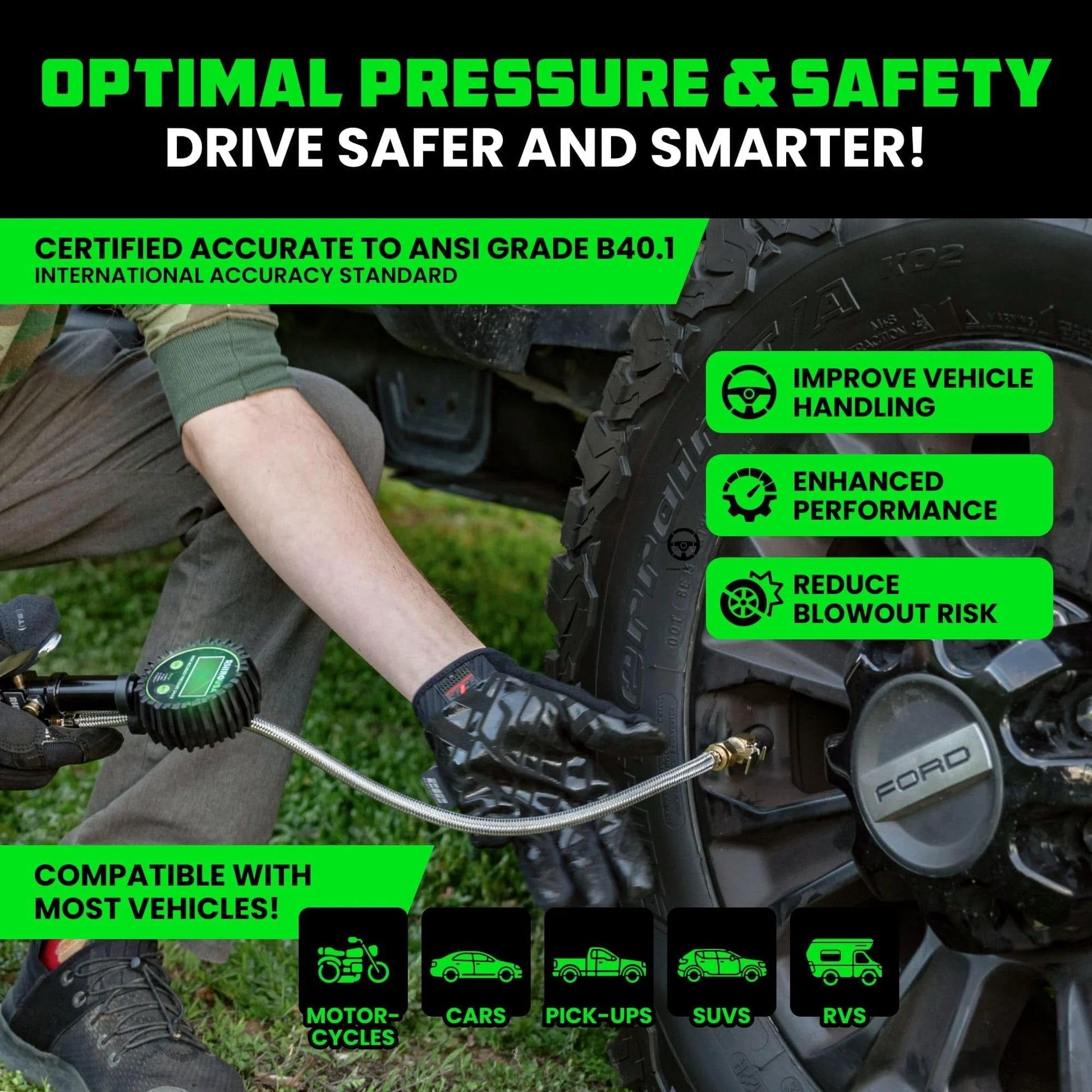 All In One 3 In One Tire Pressure Tool With Inflator Gauge Bleed Valve And Hose 0 To 200 PSI for Trucks and RVs in use on tire