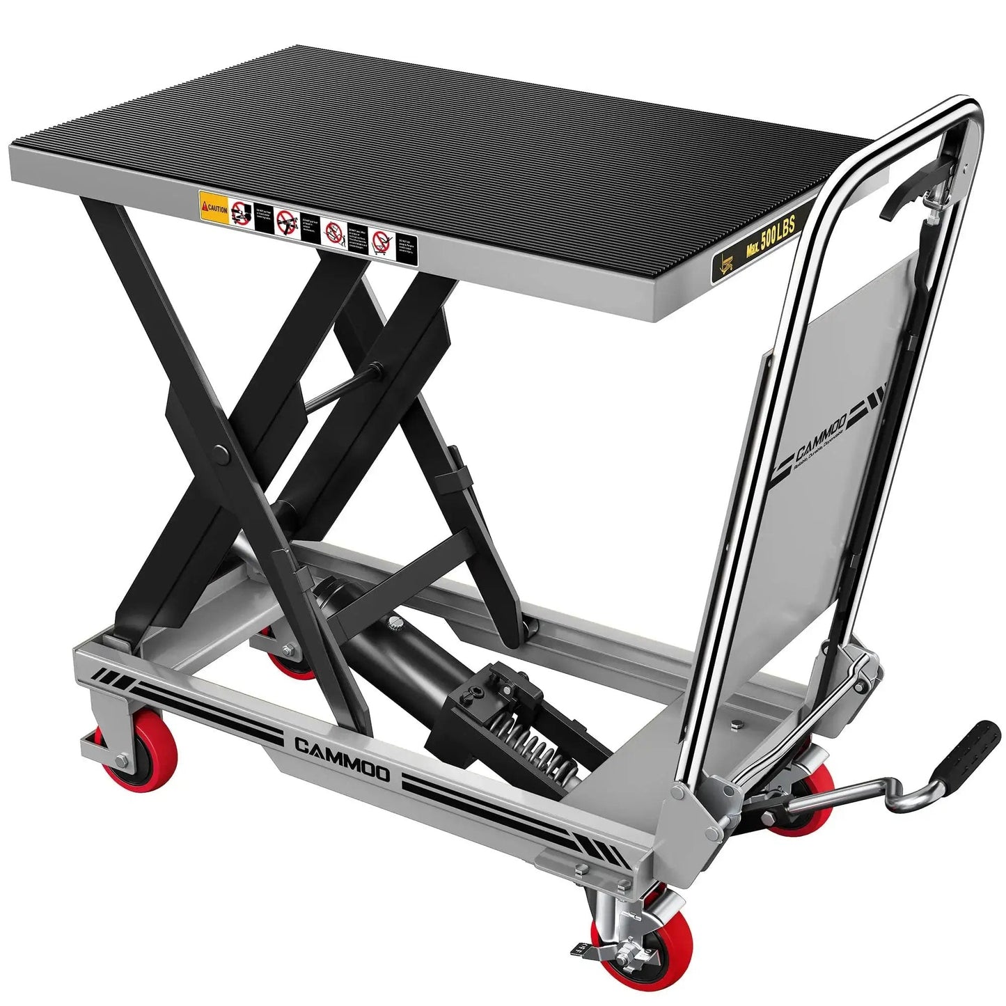 Hydraulic Lift Table Cart 500 Lb 28.5 Inch Lift Foldable Handle Safety Guard, side view with black tabletop and red wheels.