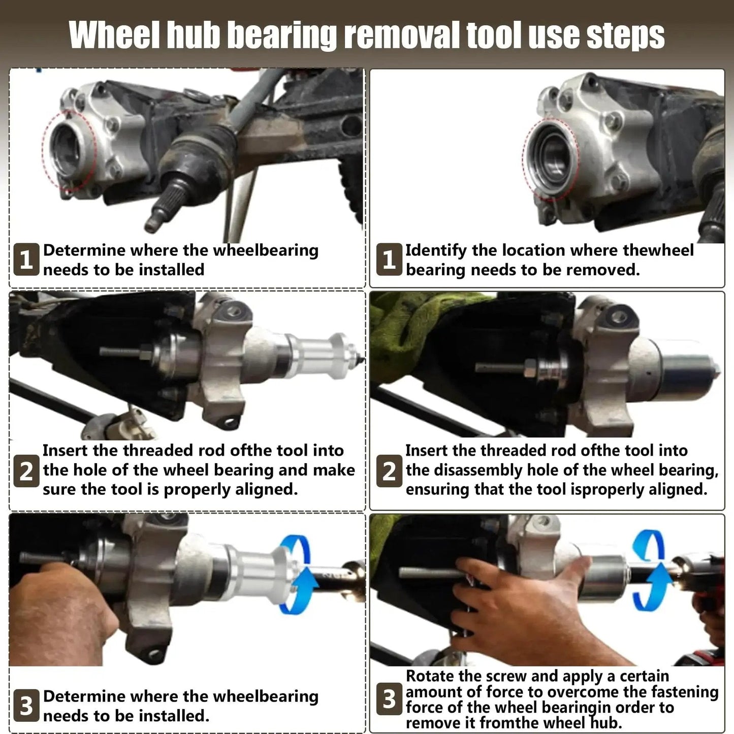 Steps for using Black Wheel Bearing Removal Tool For ATV And UTV Fits 40 Or 44 Millimeter Bearings with impact wrench.