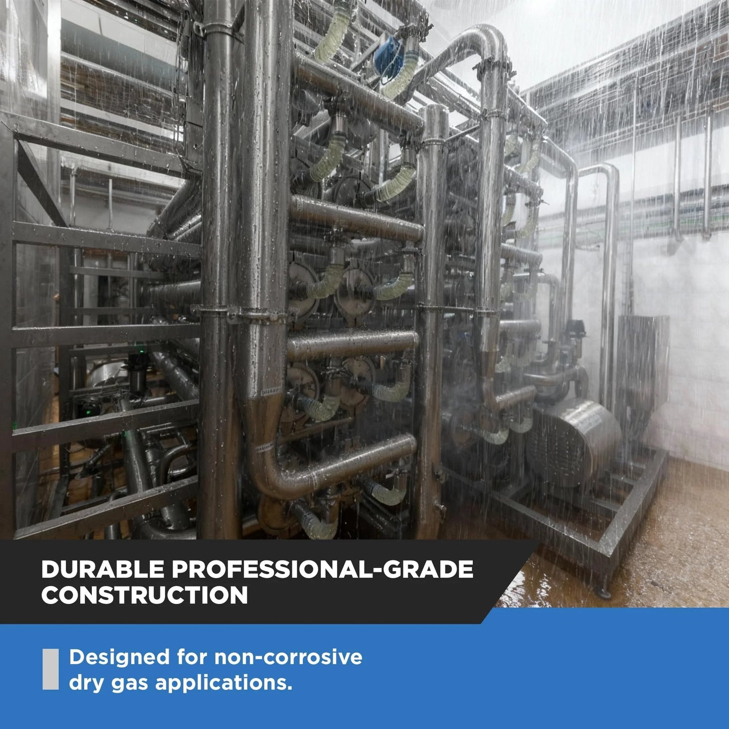 Industrial gas piping system with steel pipes in a large facility, showing durable professional-grade construction for dry gas applications.