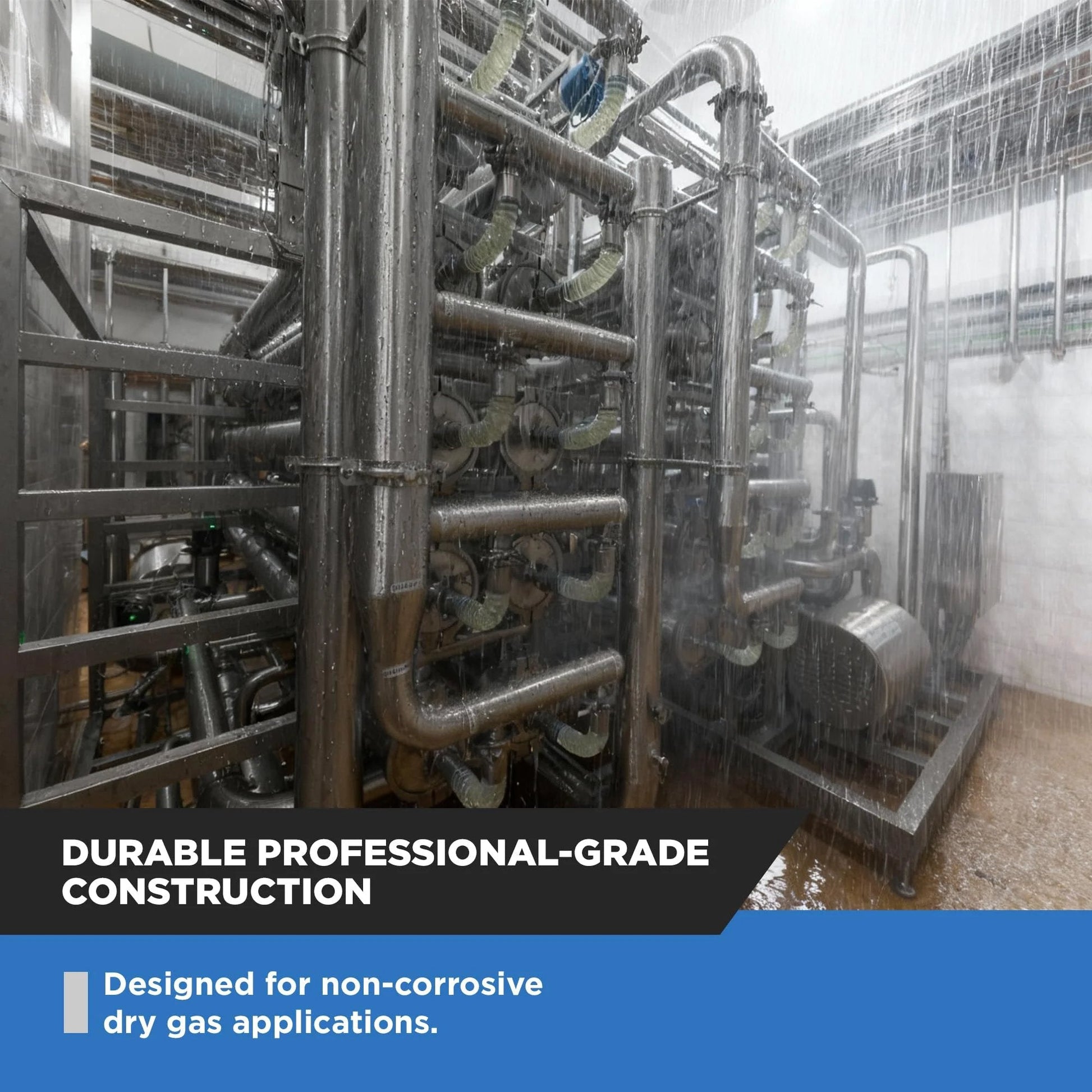 Industrial gas piping system with steel pipes in a large facility, showing durable professional-grade construction for dry gas applications.