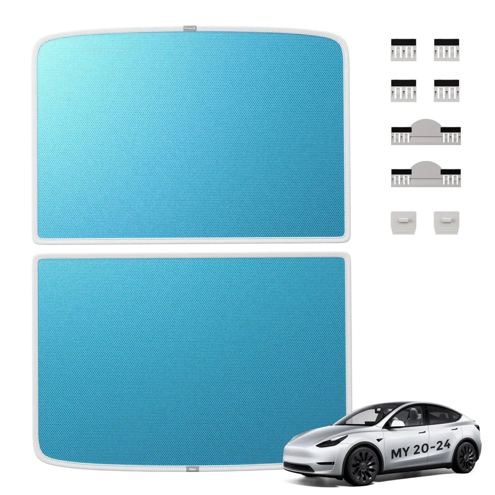 Model Y Upgraded Magnetic Sunshade Ice Silver Nano Coating 2 Piece Set Blue shown with installation clips