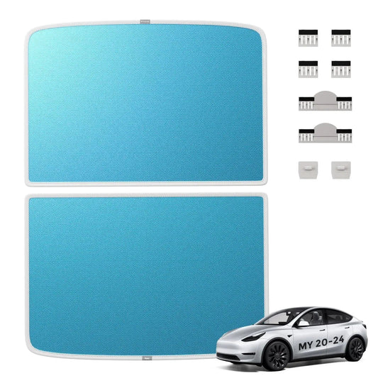 Model Y Upgraded Magnetic Sunshade Ice Silver Nano Coating 2 Piece Set Blue shown with installation clips
