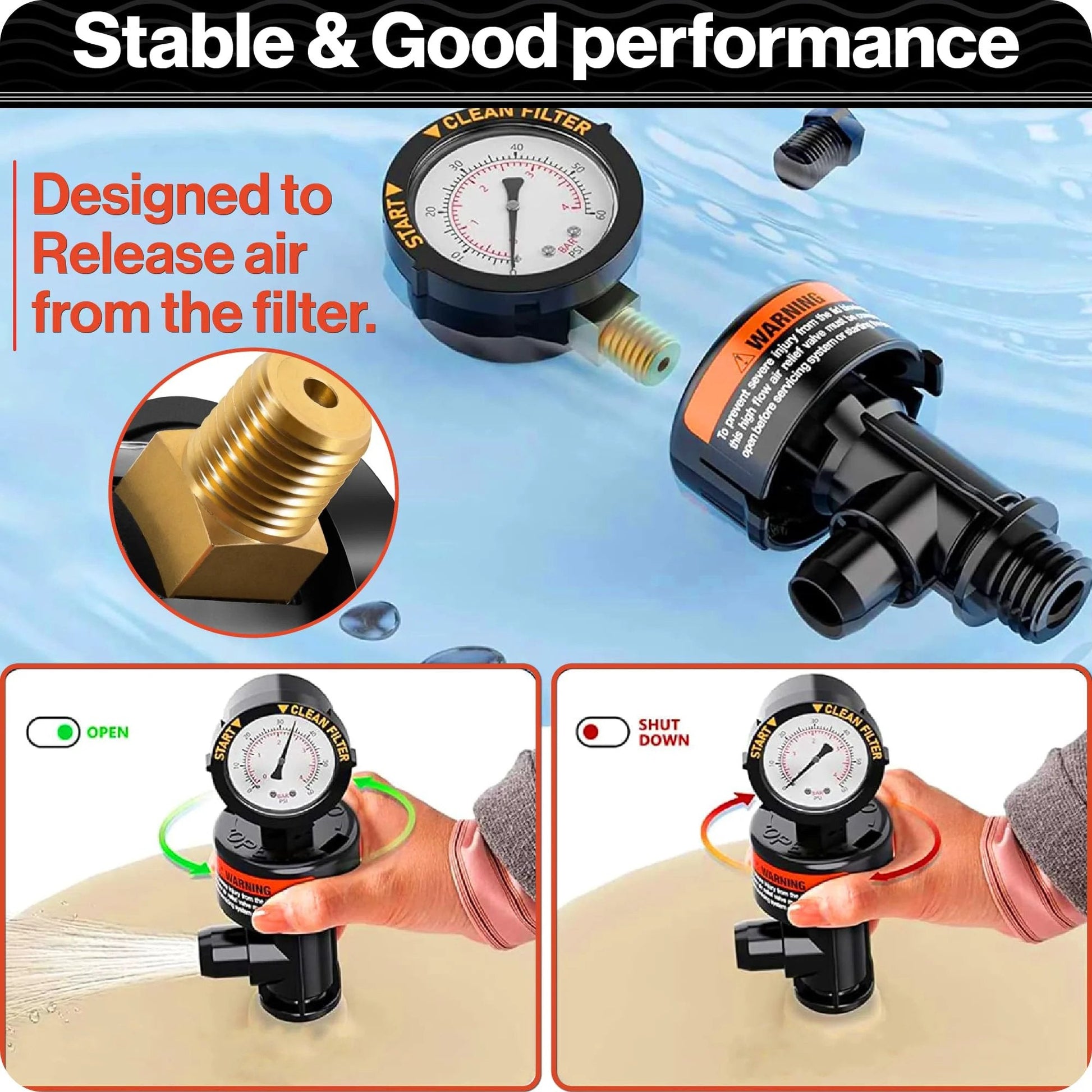 Air Relief Valve For Pentair Pool Filters Compatible With FNS FNS Plus Clean And Clear Quad DE 60 80 100 And 2000 4000 Series Replace 98209800 Swimables With Easy Install And Leak Proof Design For Smooth Pool Filter Operation. Image shows pressure gauge and hands operating valve demonstrating open and shut functions.